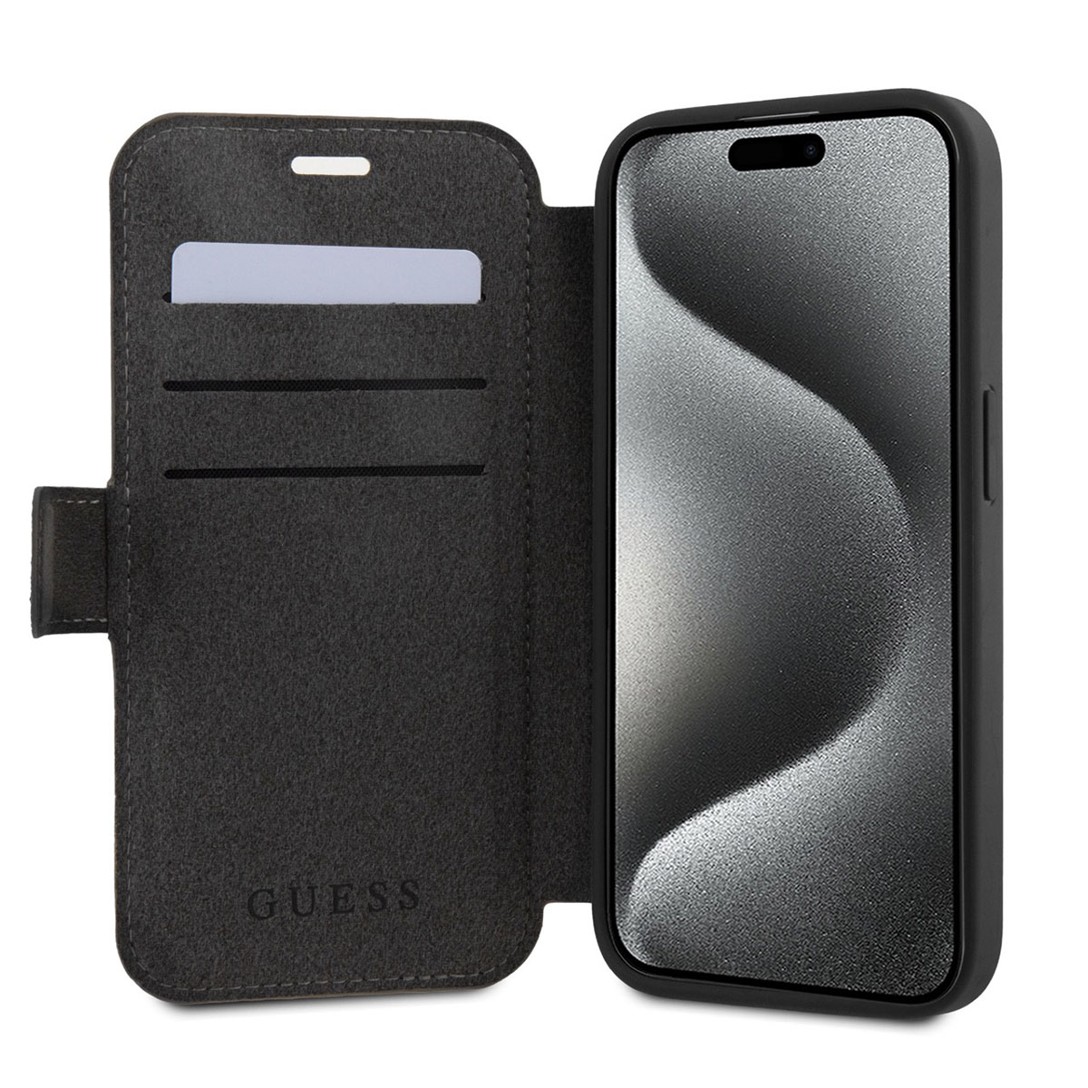 Custodia per telefono nera con patta e fessure per carte. L'interno è grigio.