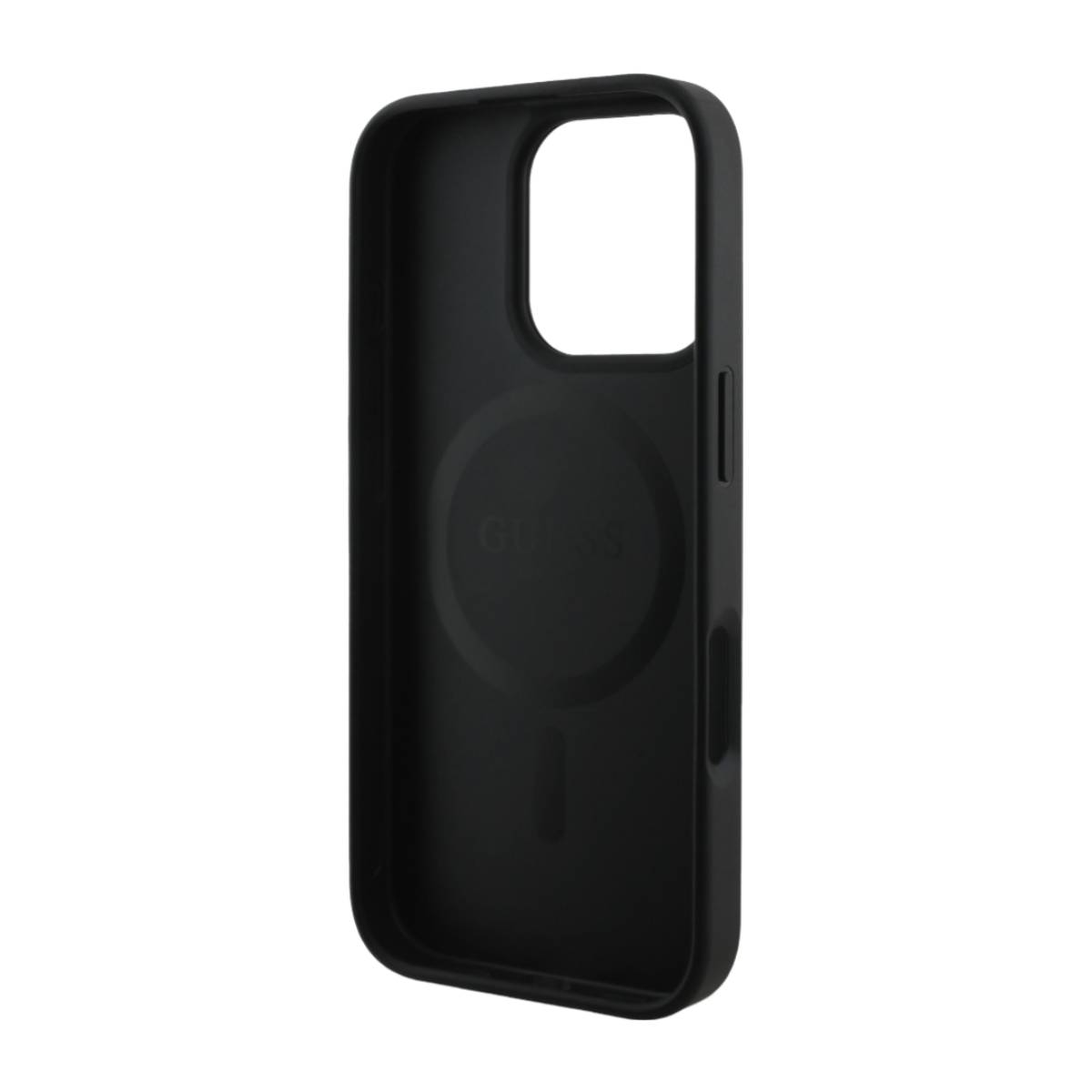 Custodia nera per telefono, con un ritaglio per la fotocamera e un'indentazione circolare.