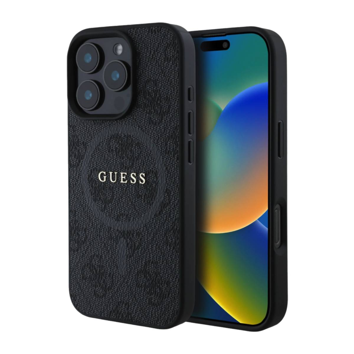 Custodia per telefono GUESS nera su un telefono. La custodia ha un logo e copre la fotocamera e lo schermo.