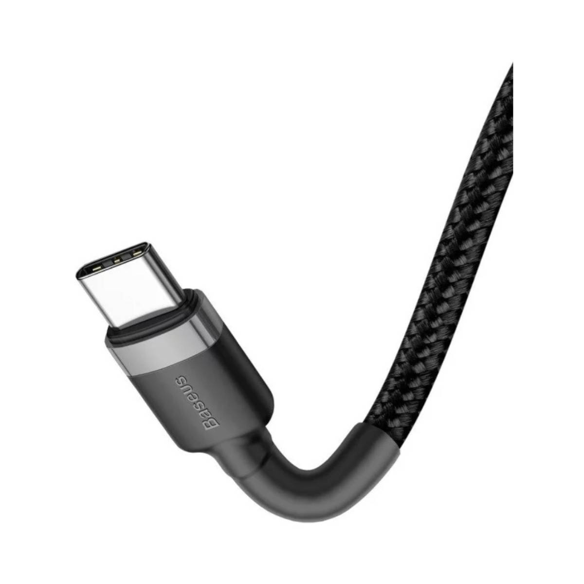 Zbliżenie kabla USB-C z czarnym plecionym przewodem i metalowym złączem.