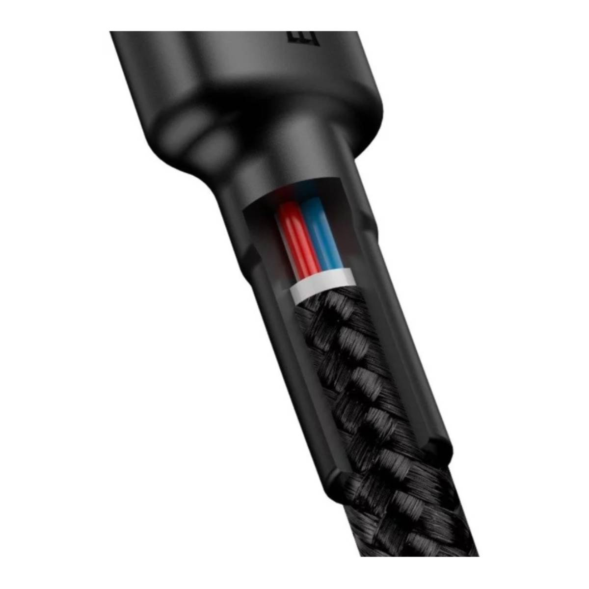 Przekrój czarnego plecionego kabla ładującego, pokazujący czerwone i niebieskie przewody.