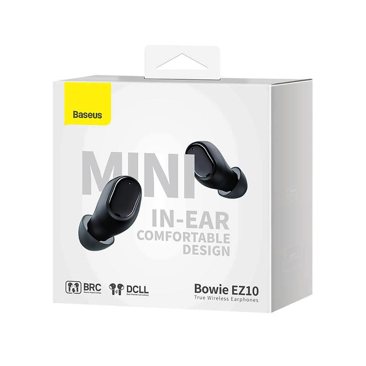 Eine weiße Schachtel mit Baseus Mini In-Ear-Ohrhörern wird gezeigt. Die Ohrhörer sind schwarz.
