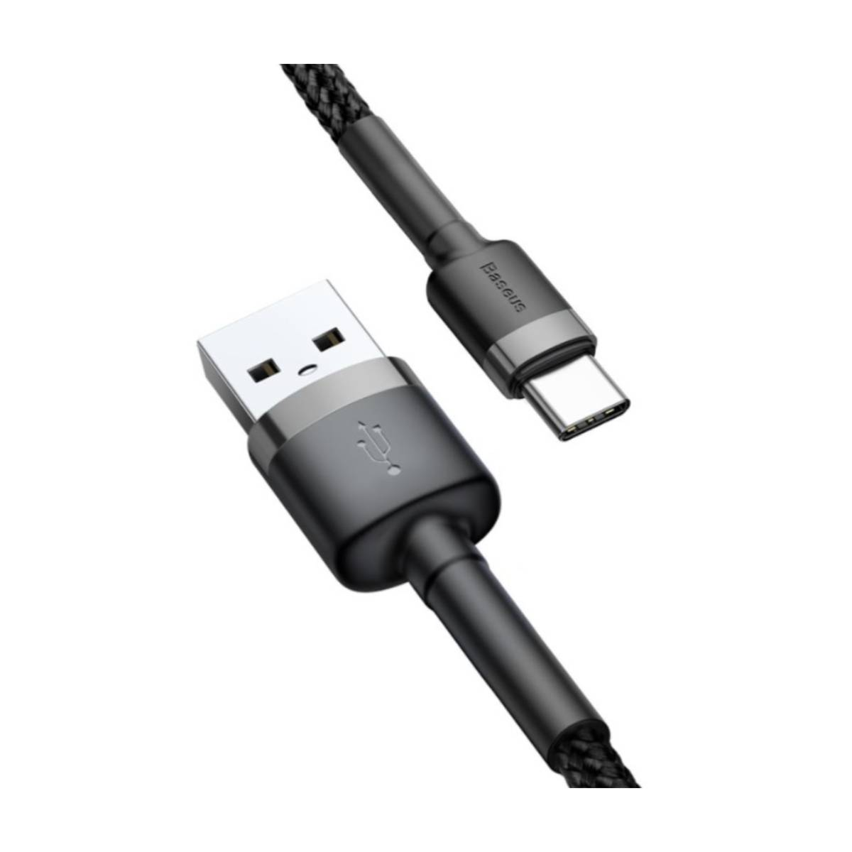Czarny i szary kabel USB-C. Jeden koniec to USB, drugi to USB-C. Kabel jest pleciony.