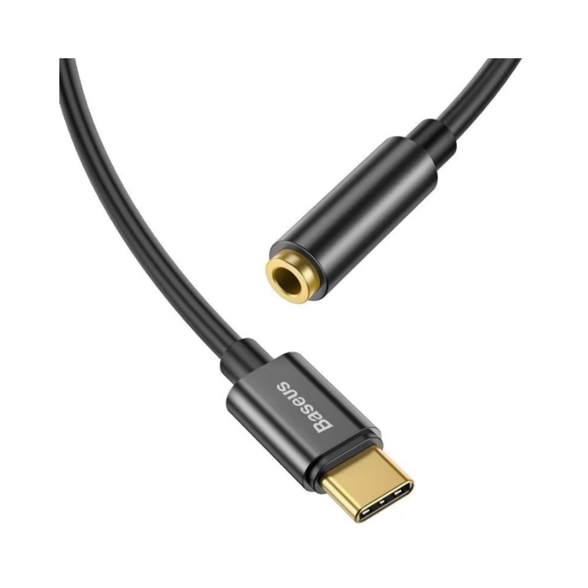 Czarny kabel ze złączem USB-C i żeńskim gniazdem audio, na białym tle.