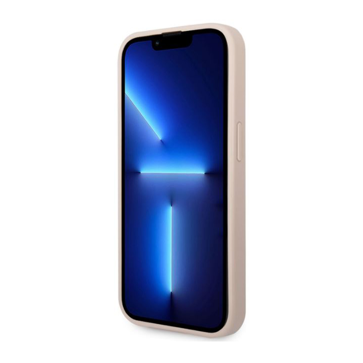 iPhone in una custodia beige, schermo che mostra una grafica blu e bianca.