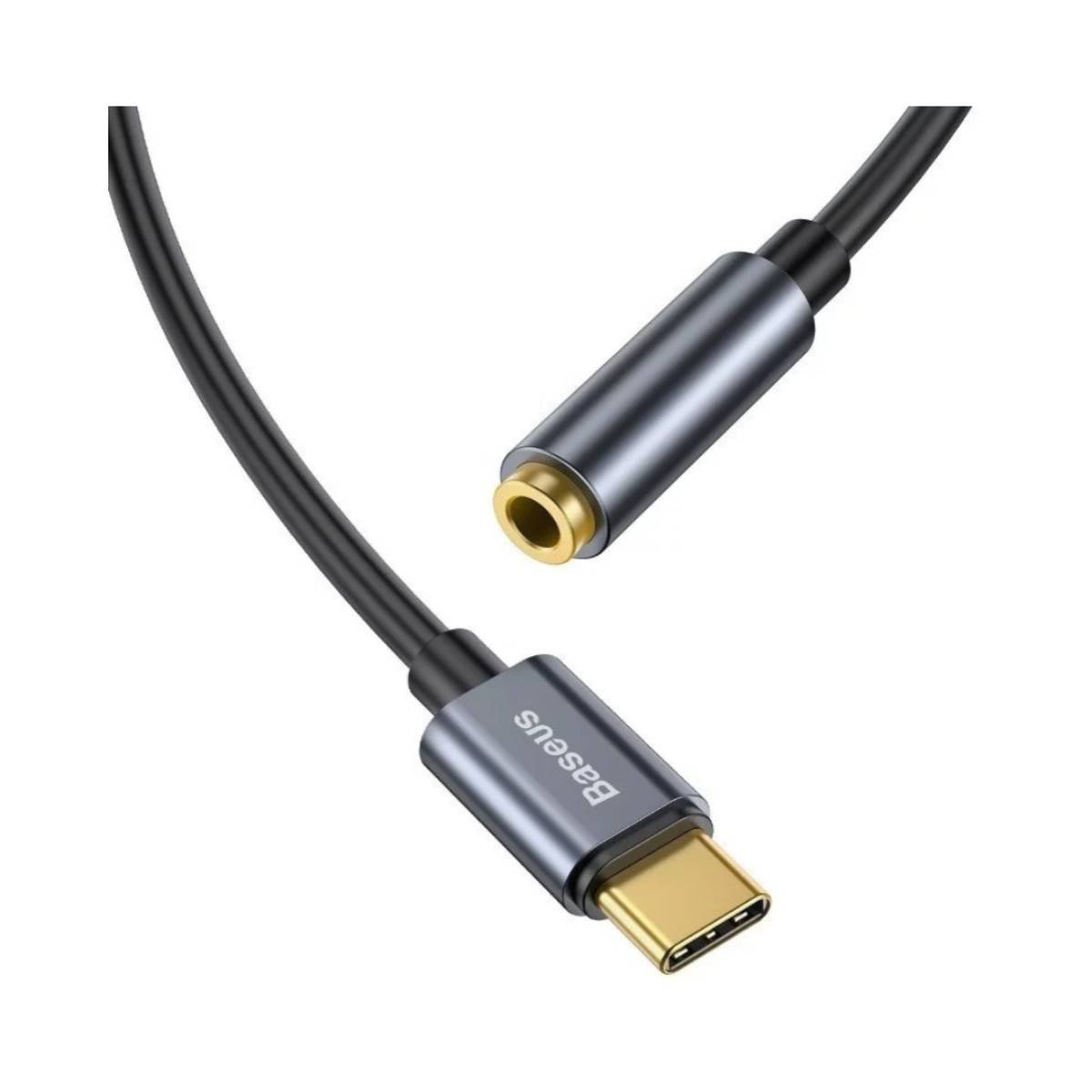 Câble audio noir et argent avec connecteur USB-C et prise jack 3,5 mm.