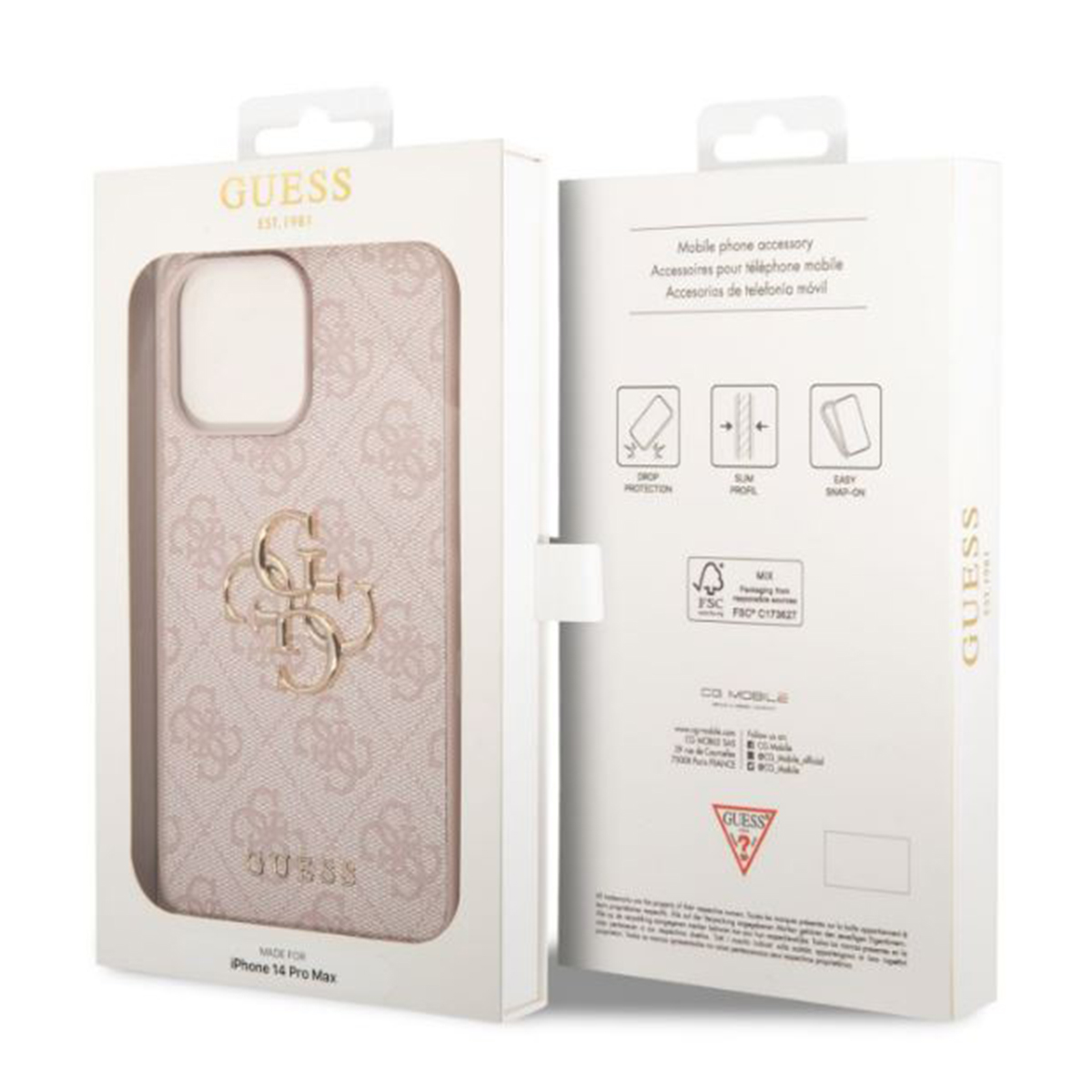 Custodia rosa per telefono in scatola aperta con testo e loghi sulla scatola. Sfondo bianco.