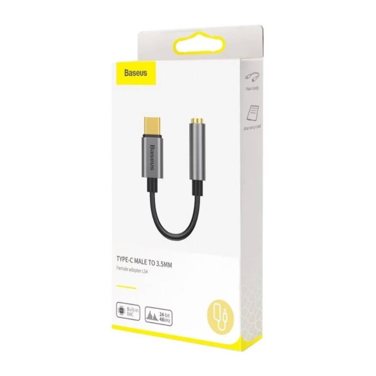 Une boîte blanche avec un adaptateur Baseus à l'intérieur. L'adaptateur possède un port USB-C vers femelle 3,5 mm.