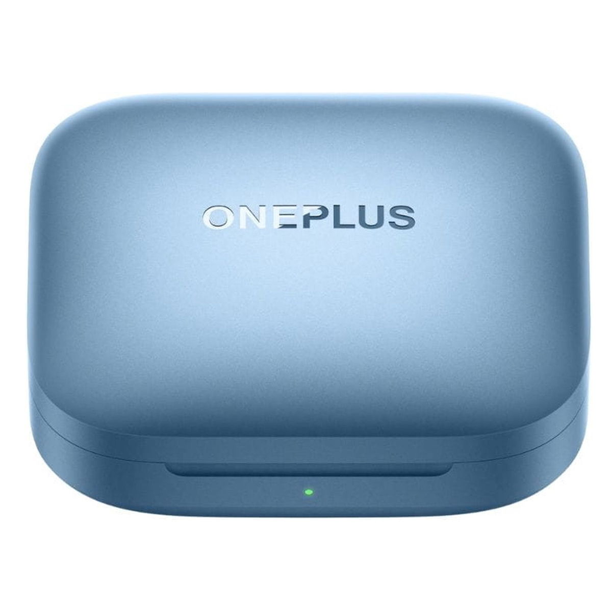 Jasnoniebieskie etui na słuchawki OnePlus na białej powierzchni.