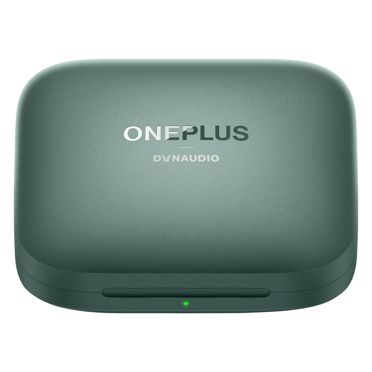 Zielone, kwadratowe etui ładujące słuchawki z napisem ONEPLUS.