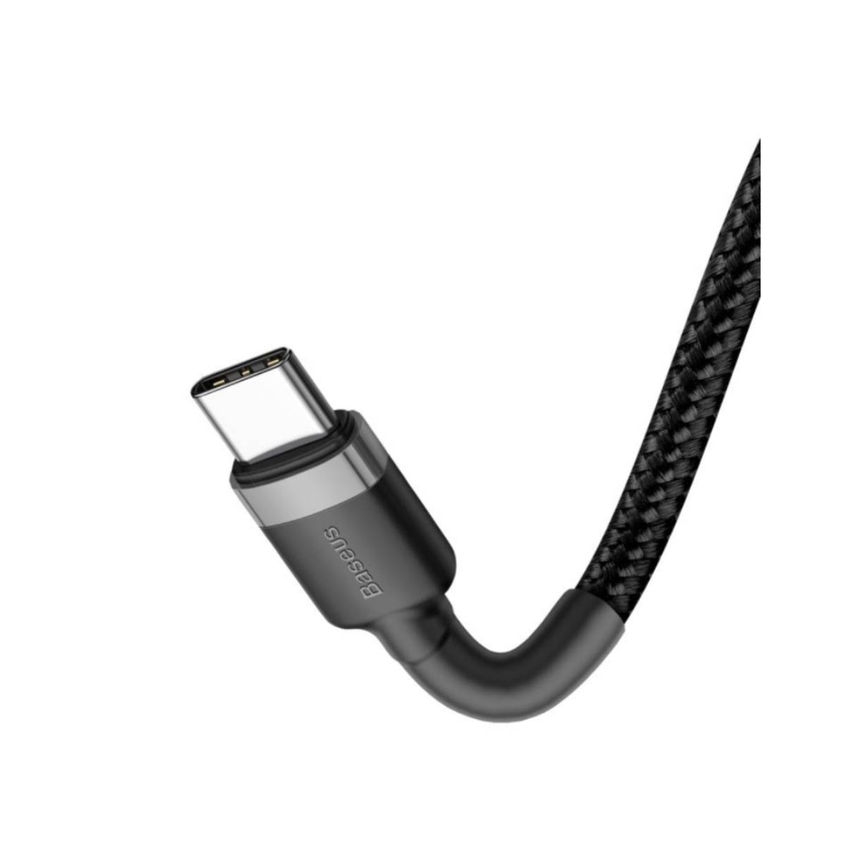 Kabel USB-C. Złącze jest srebrne i czarne. Kabel jest czarny i pleciony.