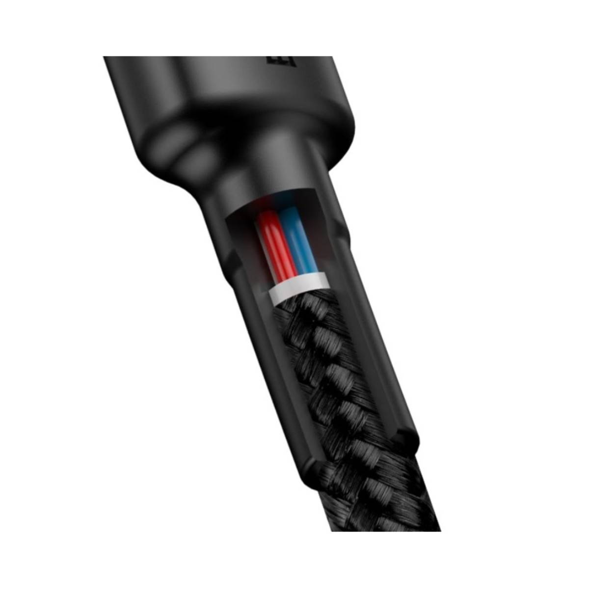 Zbliżenie przeciętego kabla pokazujące czerwone i niebieskie przewody w oplocie.