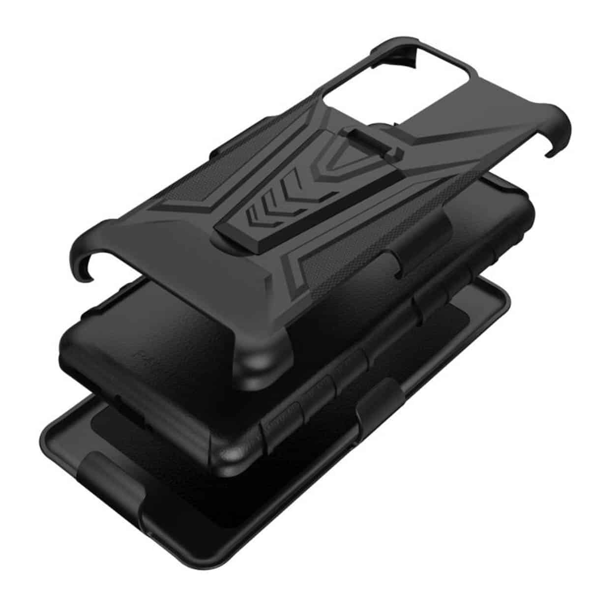 Eine schwarze Handyhülle in Schichten. Ein Telefon ist im Inneren der Hülle sichtbar.