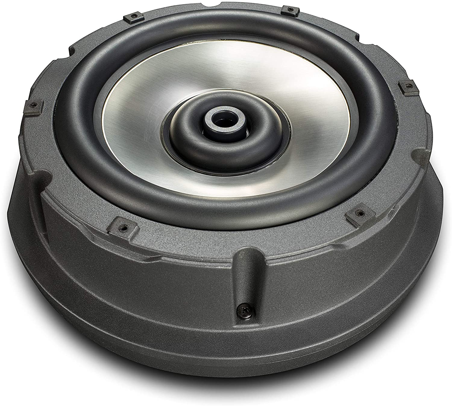 Nahaufnahme eines Subwoofer-Lautsprechers. Der Lautsprecher ist dunkelgrau mit einem silbernen Mittelkonus.