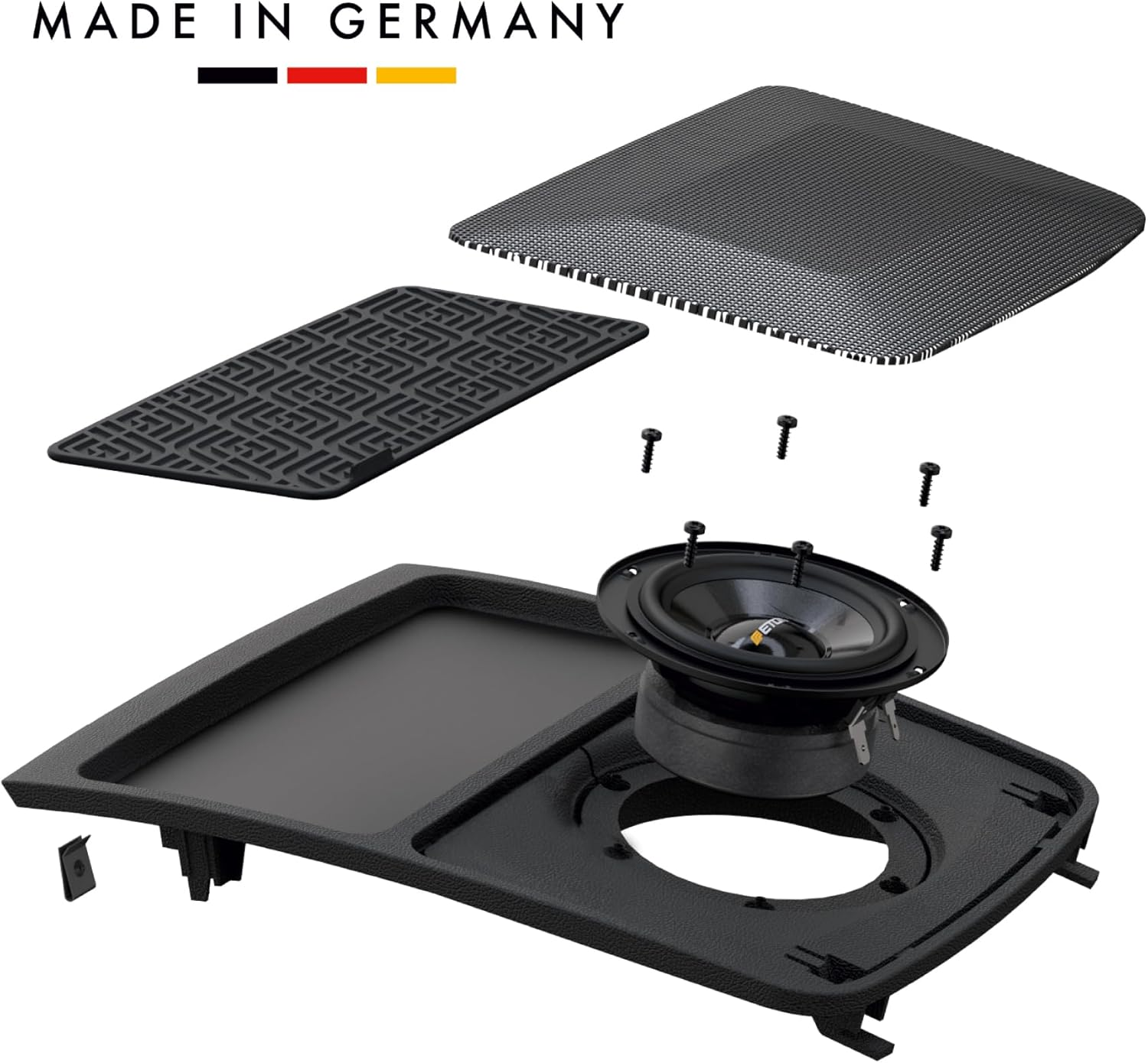 Zerlegte Lautsprecherteile mit Made in Germany-Etikett. Enthält Lautsprecher.