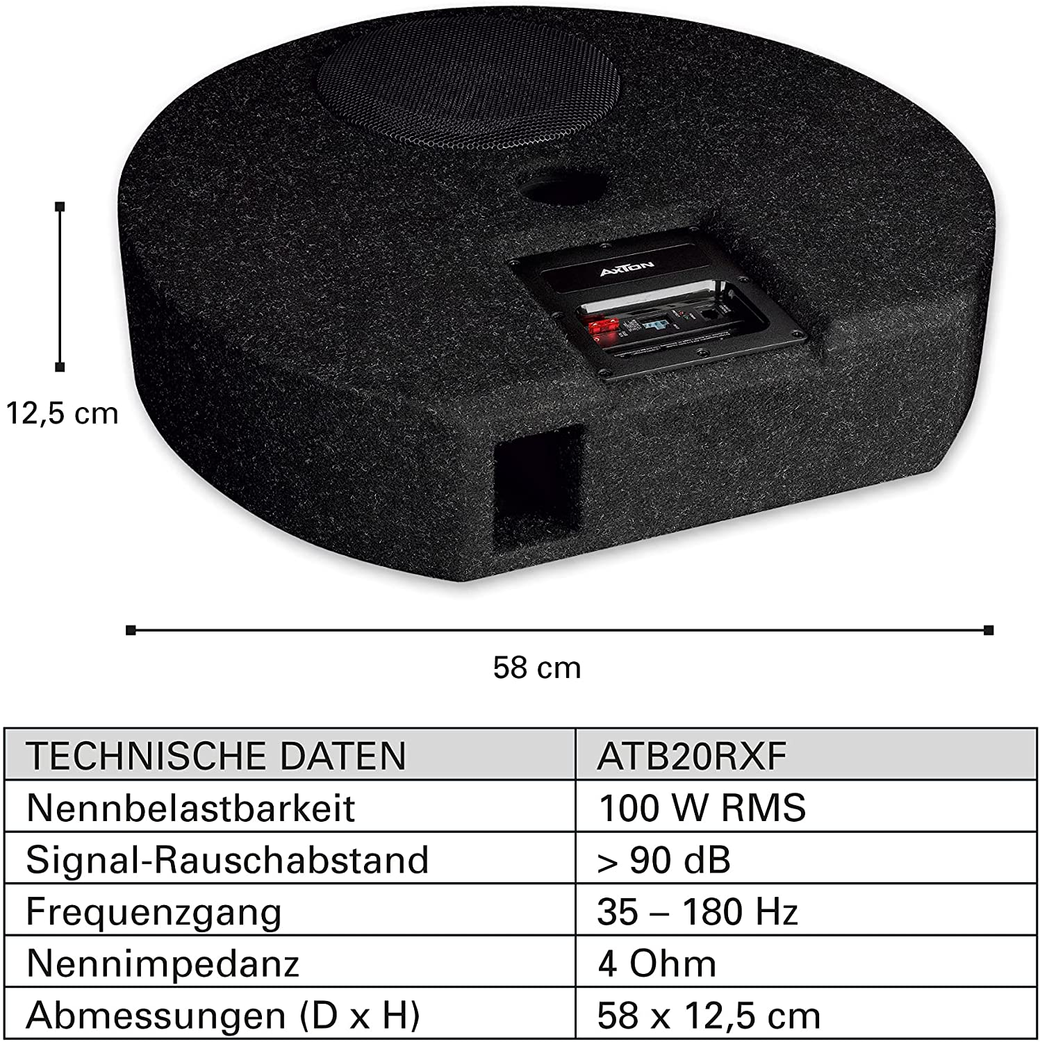Schwarzes Subwoofer-Gehäuse mit rechteckigem Ausschnitt für Bedienelemente und Abmessungen: 58 x 12,5 cm.