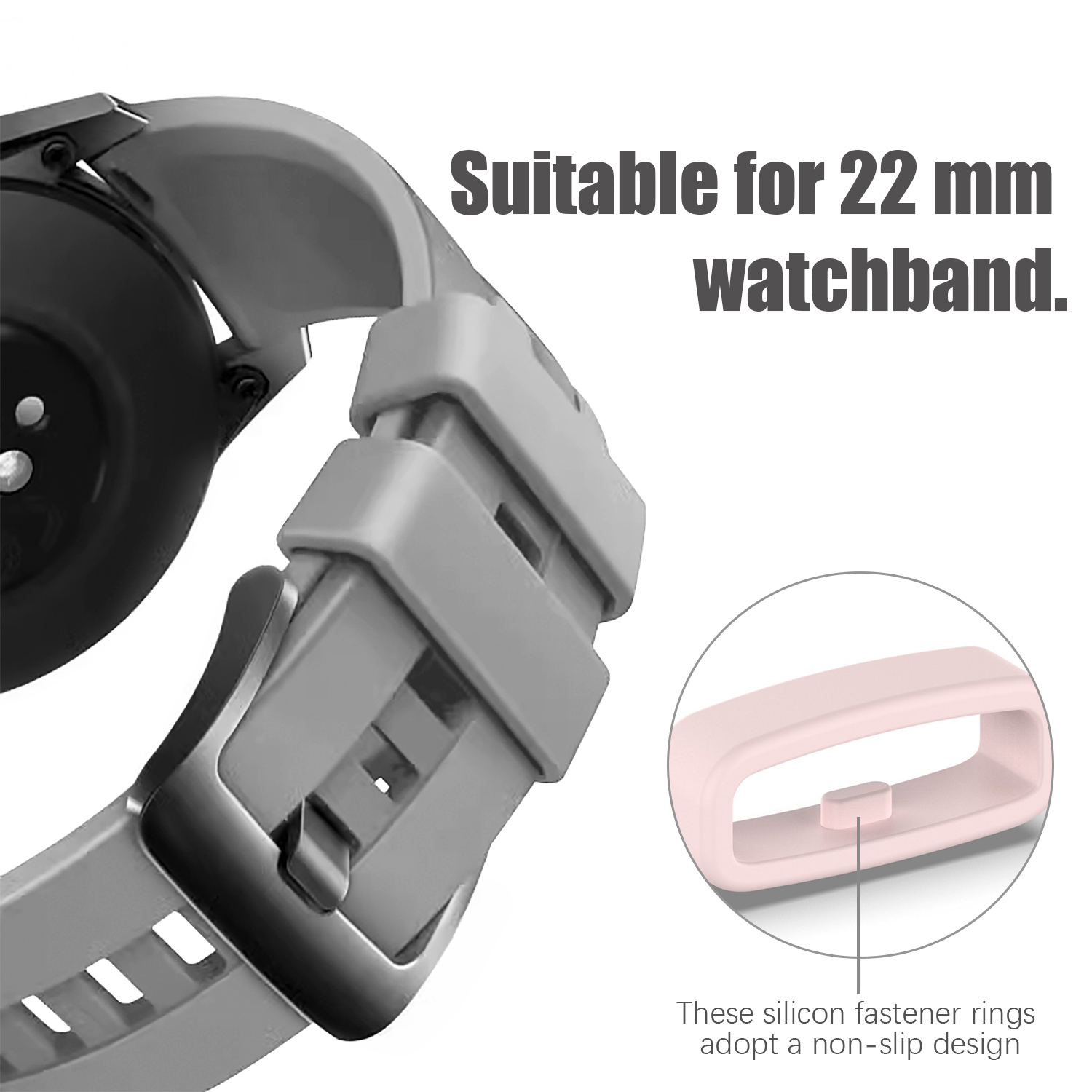 Een close-up van een horloge en horlogeband, met een roze ring.