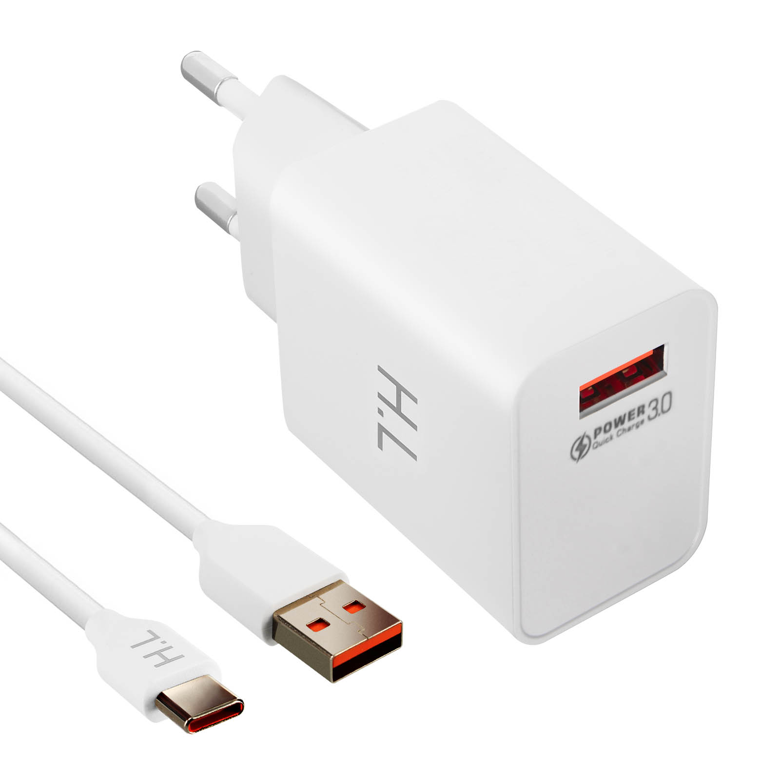 Weißes Ladegerät mit Kabel. Ladegerät hat eine rote Betriebsanzeige.