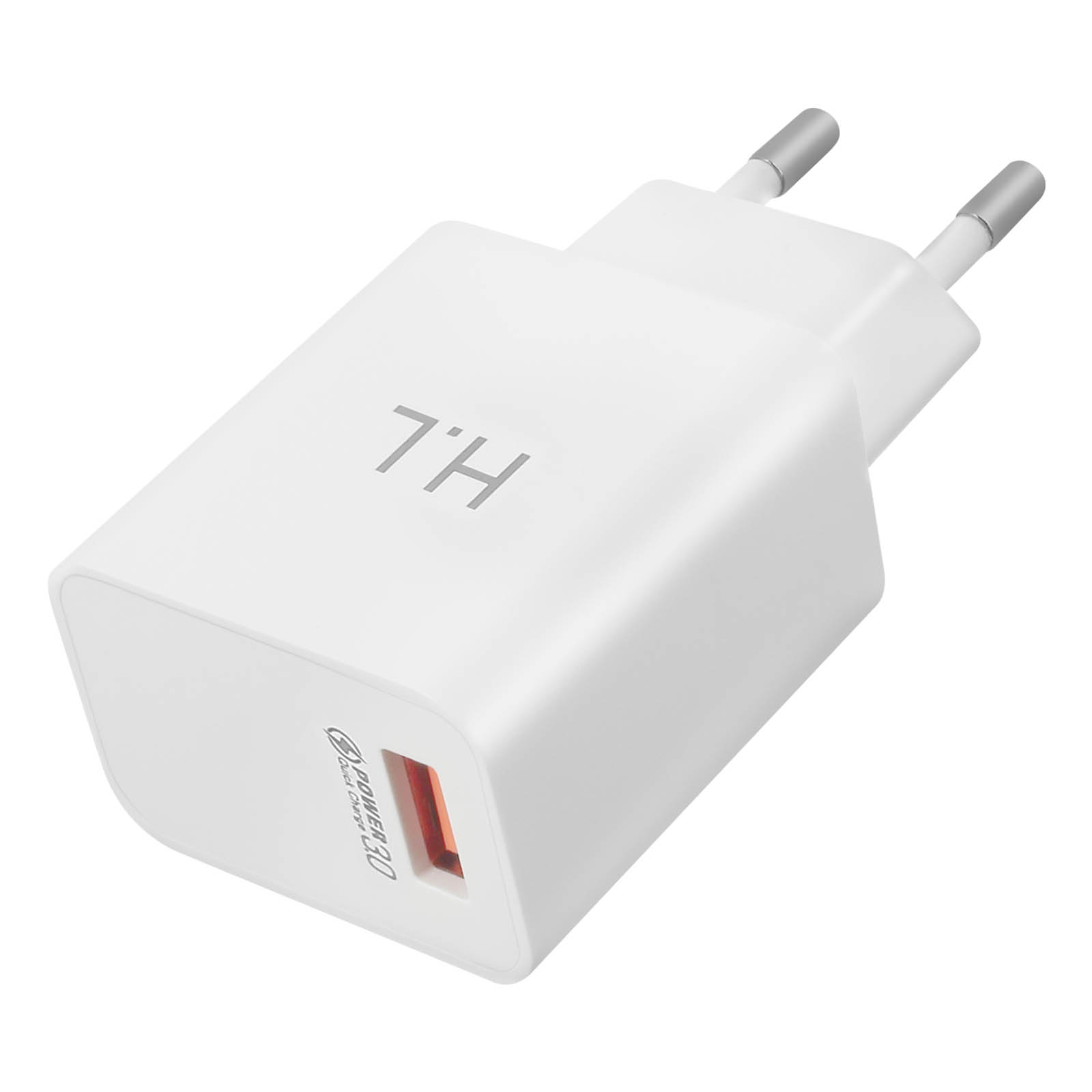 Ein weißes Ladegerät mit rotem Ladeanschluss und dem Text „7.H.“ darauf.