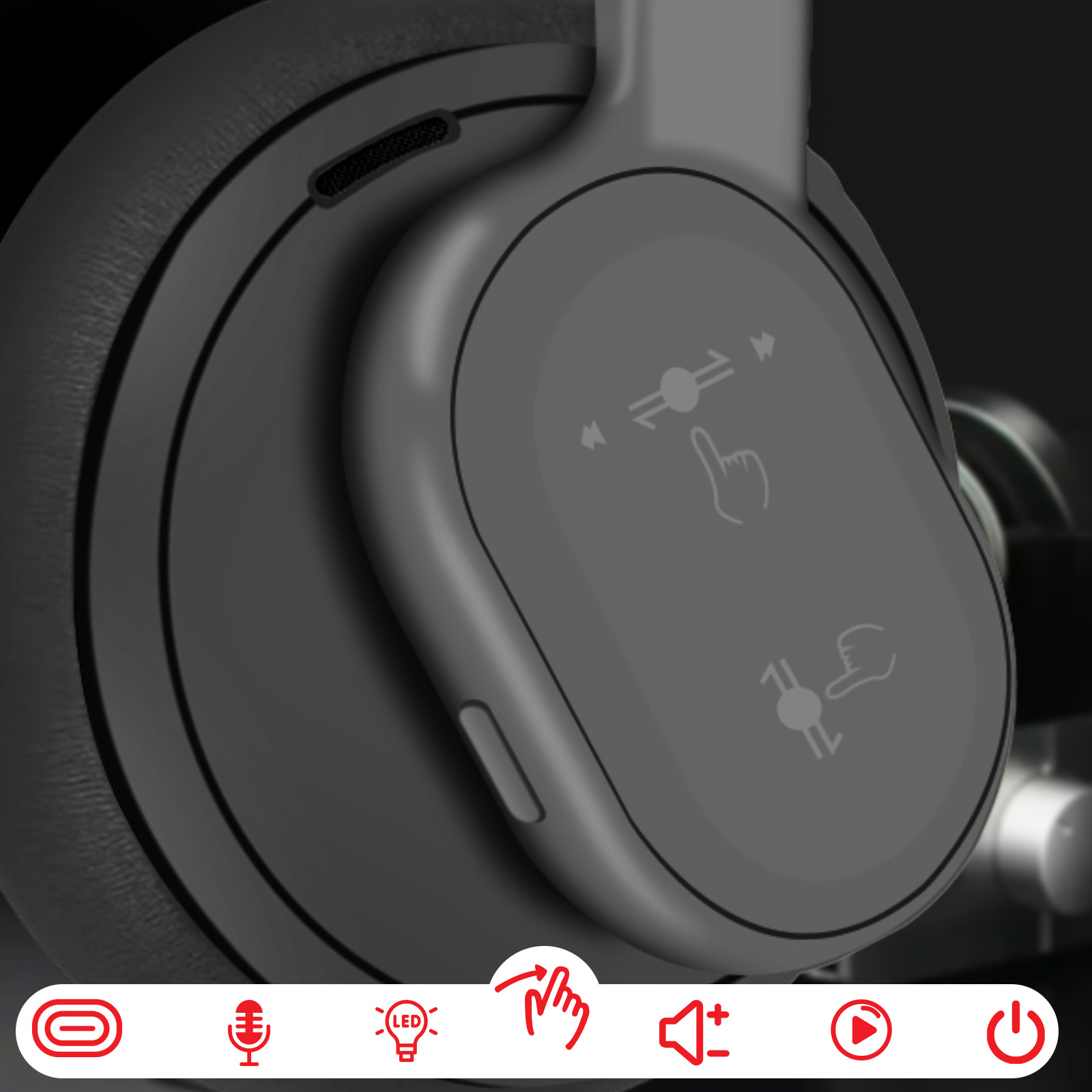 Nahaufnahme grauer Kopfhörer mit Bedienfeld und Symbolen wie Play/Pause, Lautstärke und Ein/Aus.