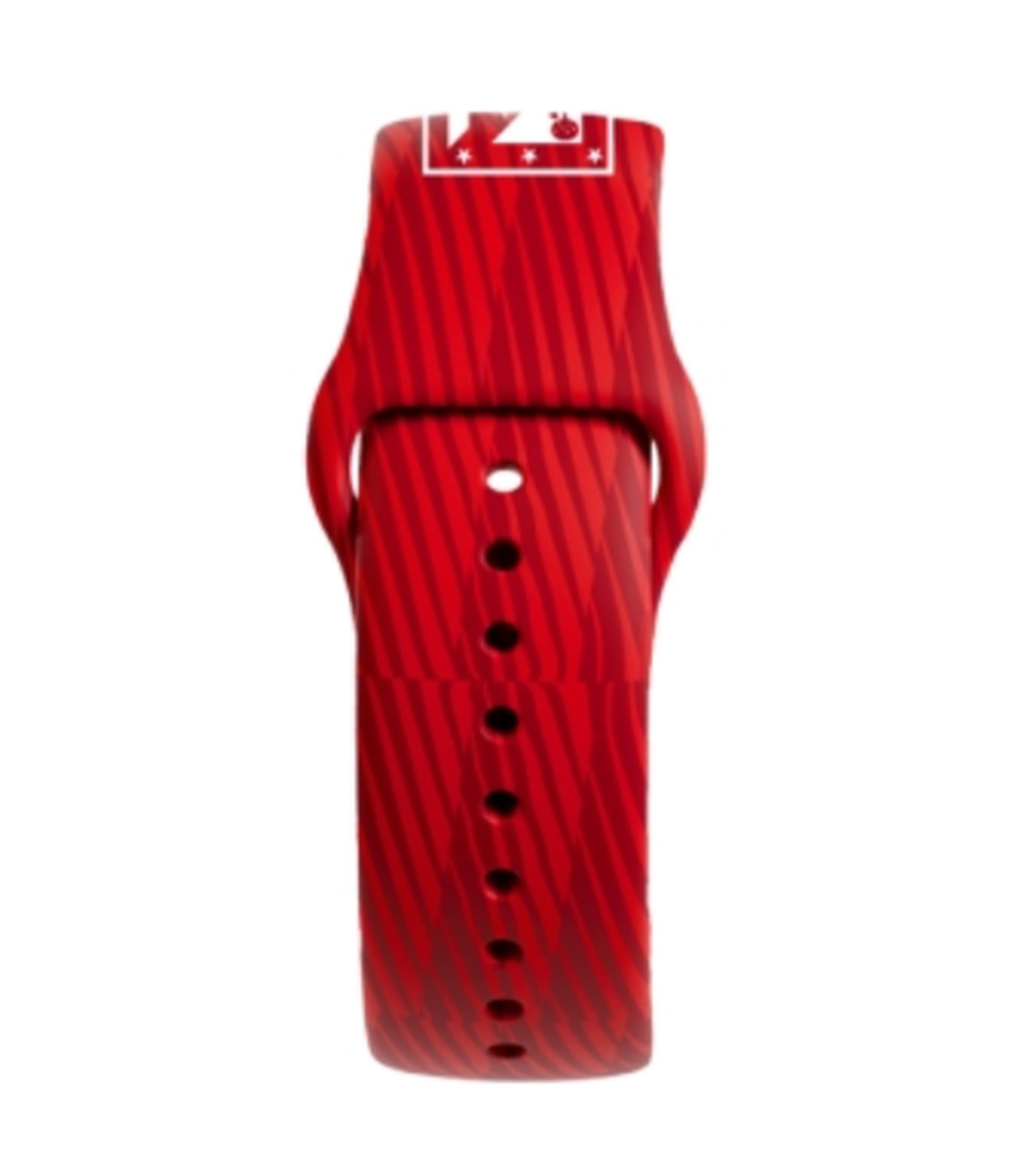 Cinturino rosso con strisce diagonali e un logo. Sfondo bianco.