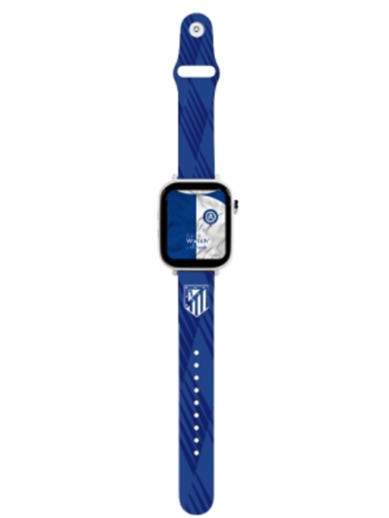Reloj inteligente azul y blanco con correa azul.