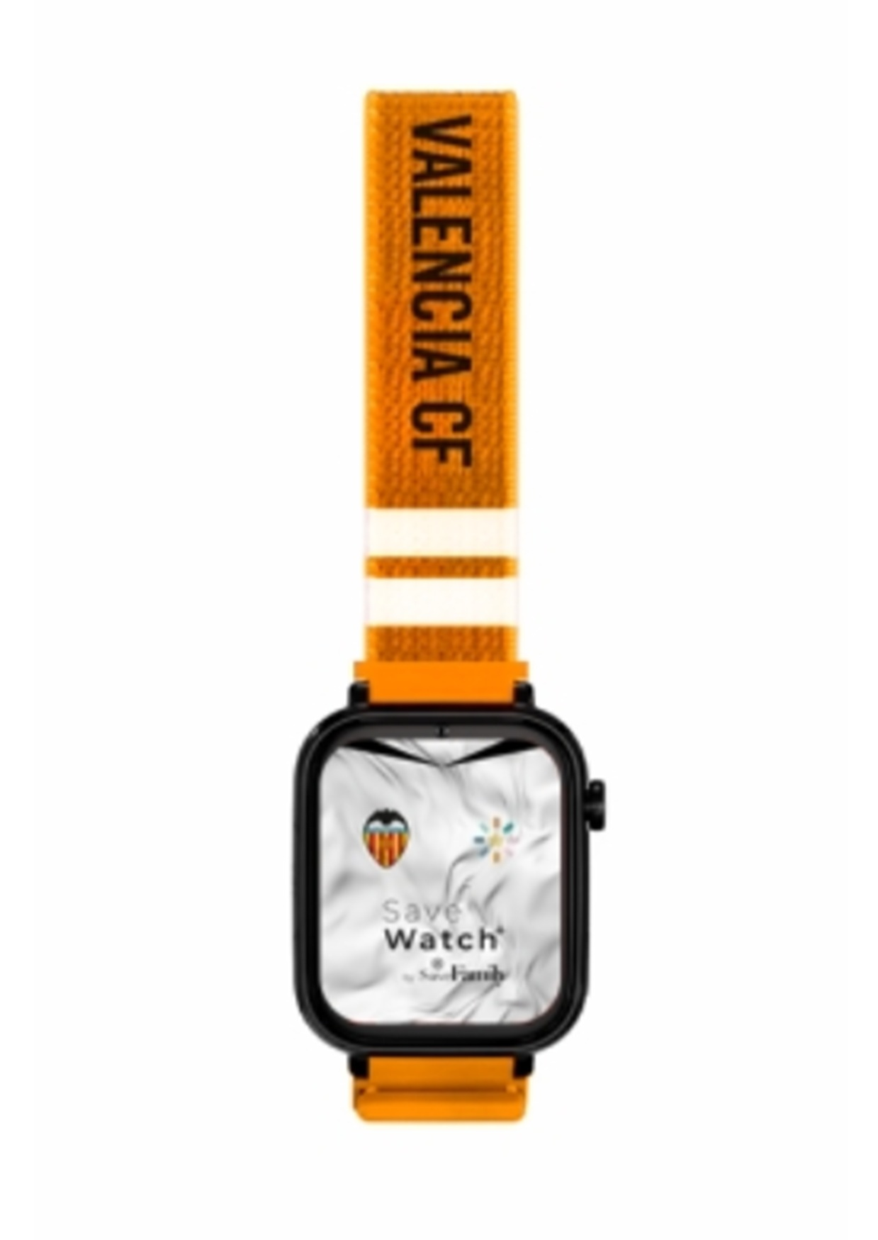Reloj inteligente Valencia CF con correa naranja.