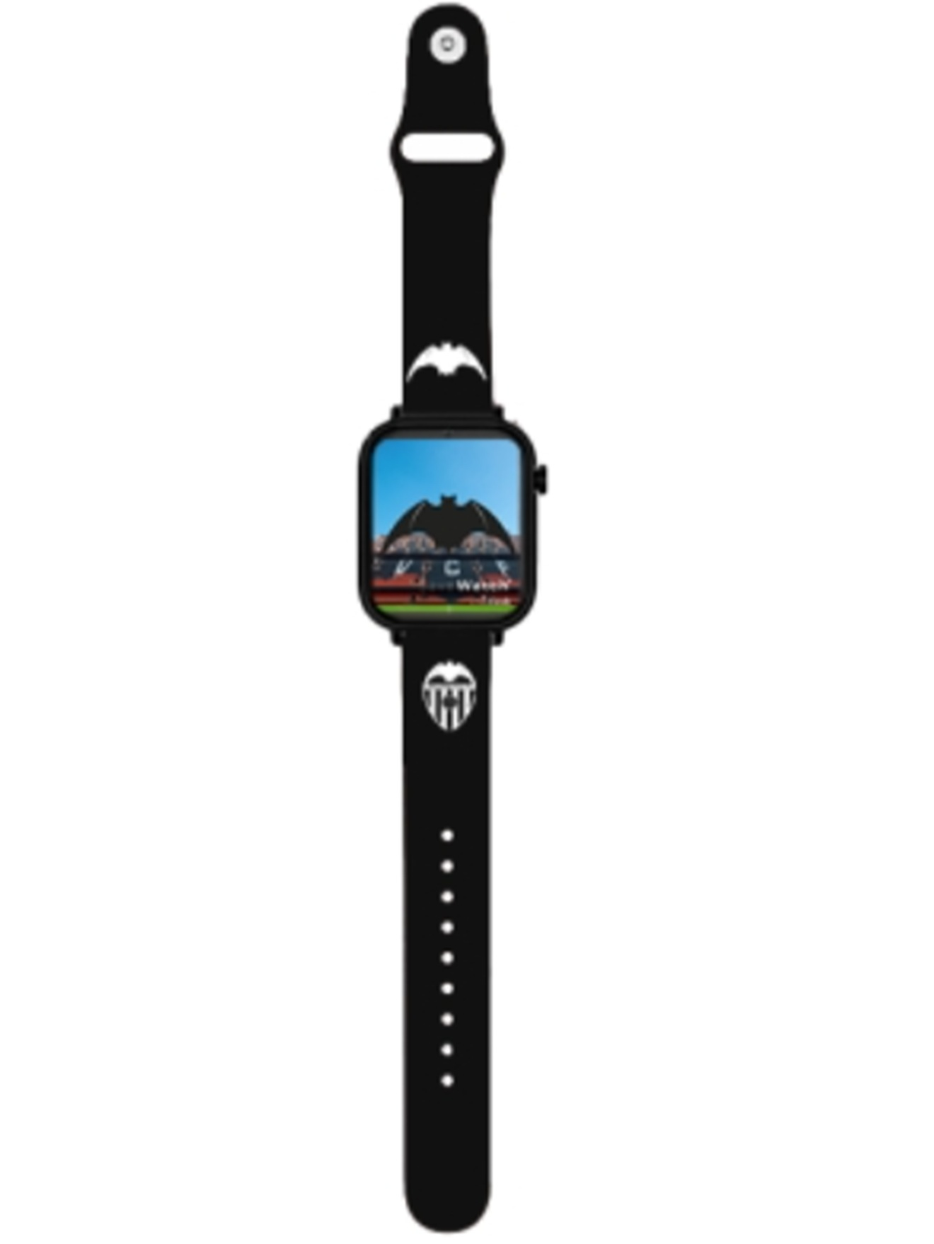 Czarny smartwatch z czarnym paskiem. Ekran pokazuje stadion z logo Valencia.