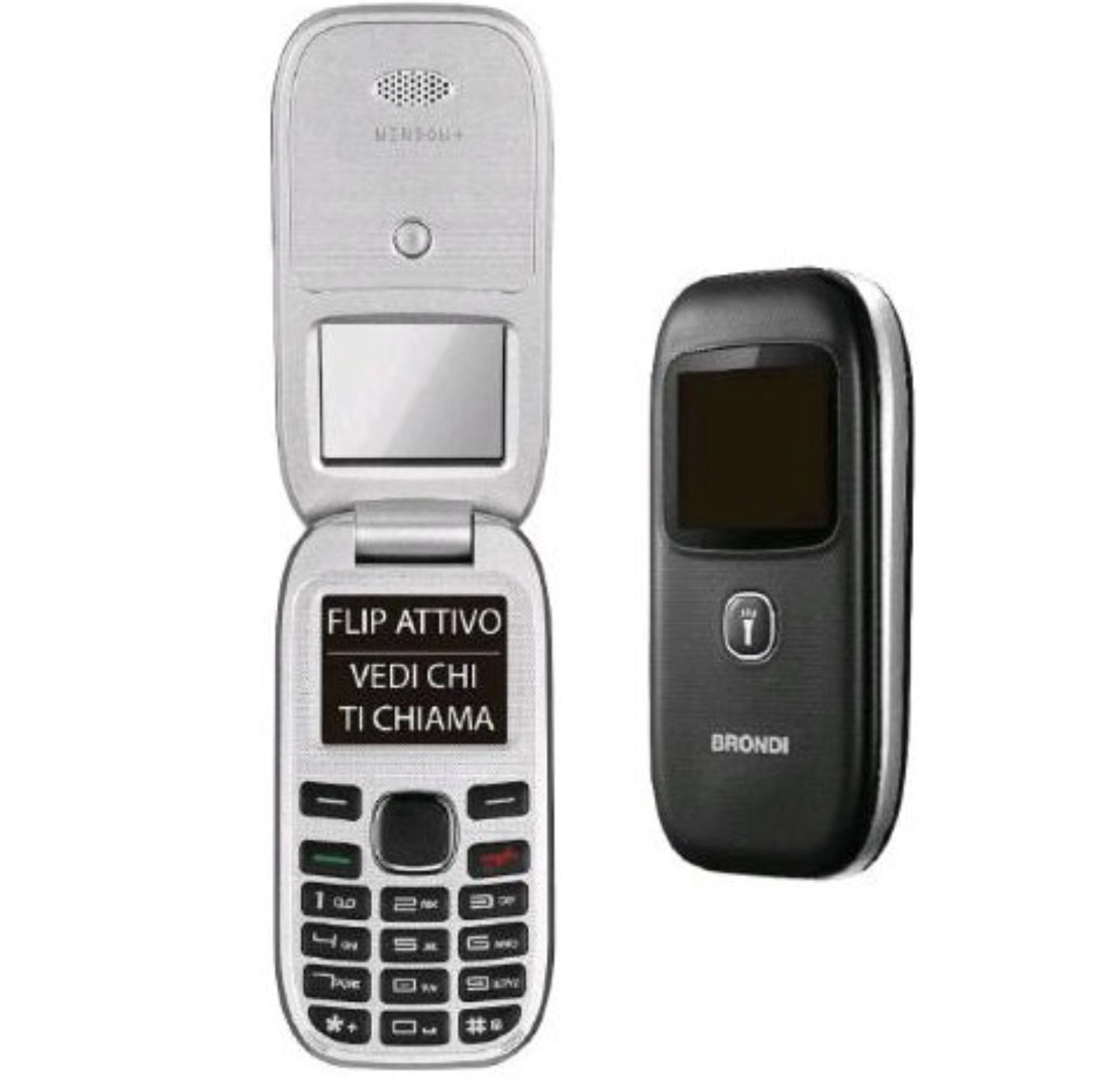 Telefono a conchiglia, aperto, mostra schermo e tastiera, con un secondo telefono.