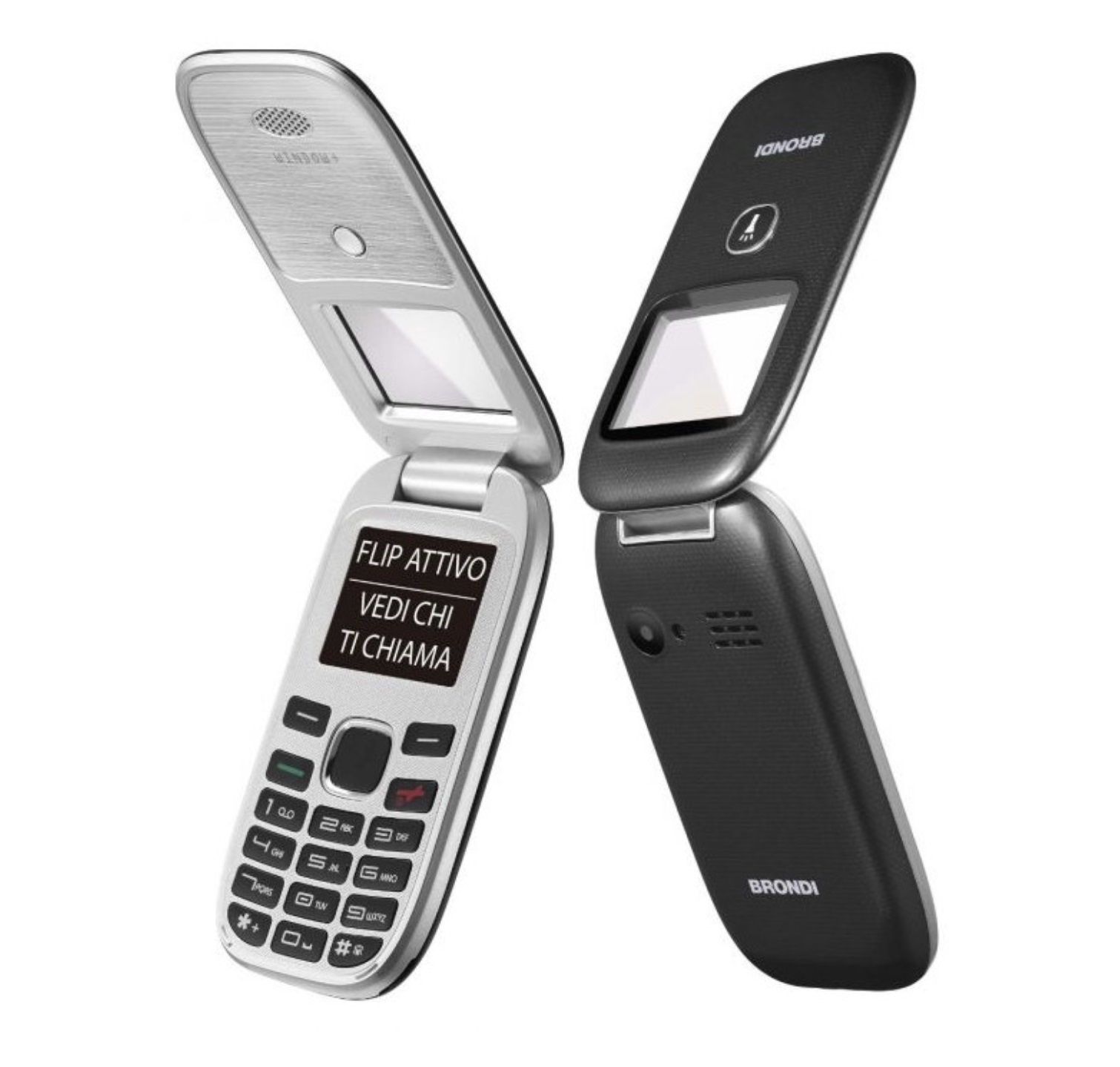 Due telefoni a conchiglia Brondi, aperti e che mostrano gli schermi. Uno è argentato, l'altro nero. Testo: FLIP ATTIVO.