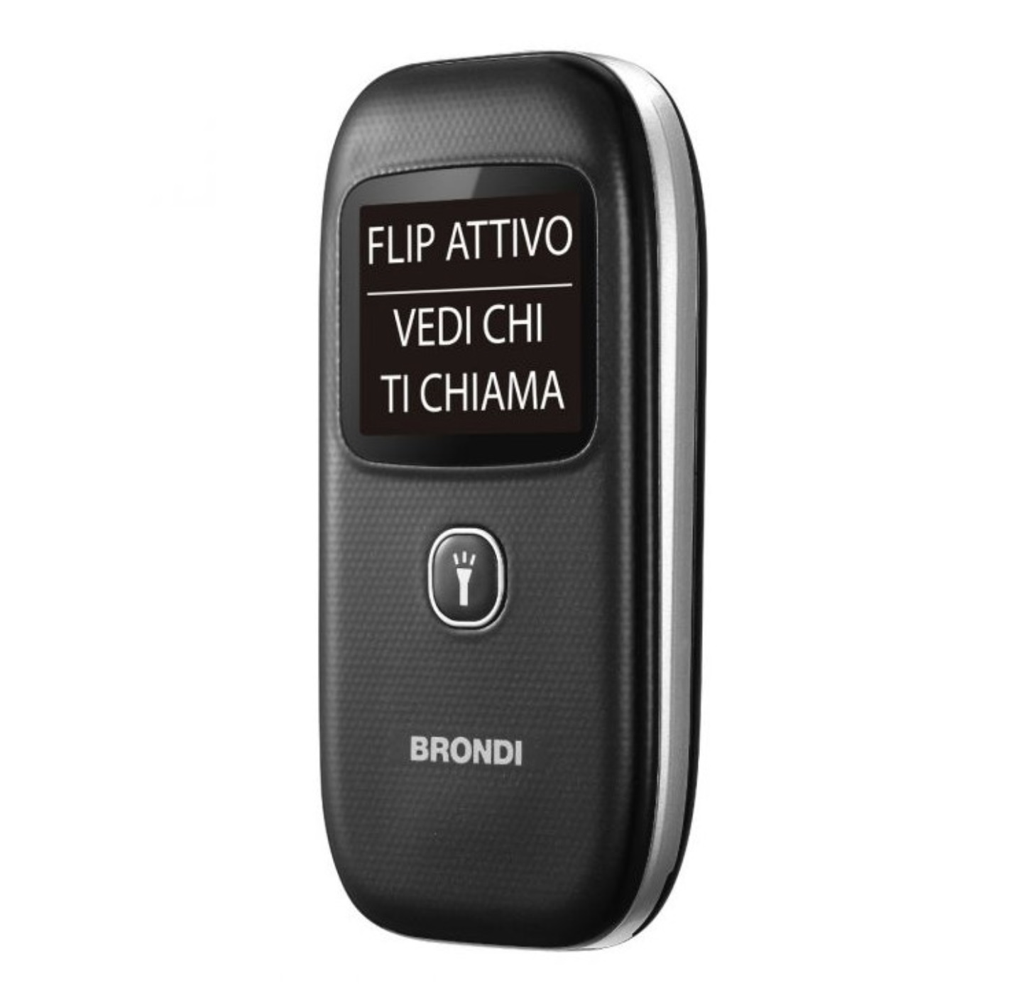 Un telefono a conchiglia nero. Il telefono visualizza il testo: FLIP ATTIVO, VEDI CHI TI CHIAMA. La parola BRONDI è in basso.