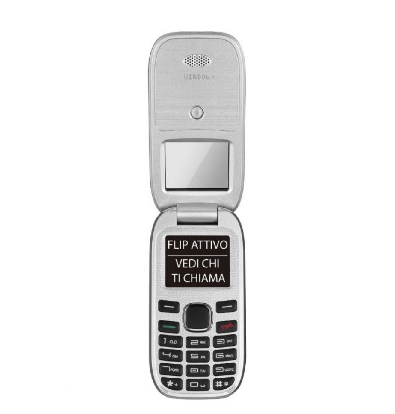 Un telefono a conchiglia, chiuso, vista posteriore, con un logo Brondi.