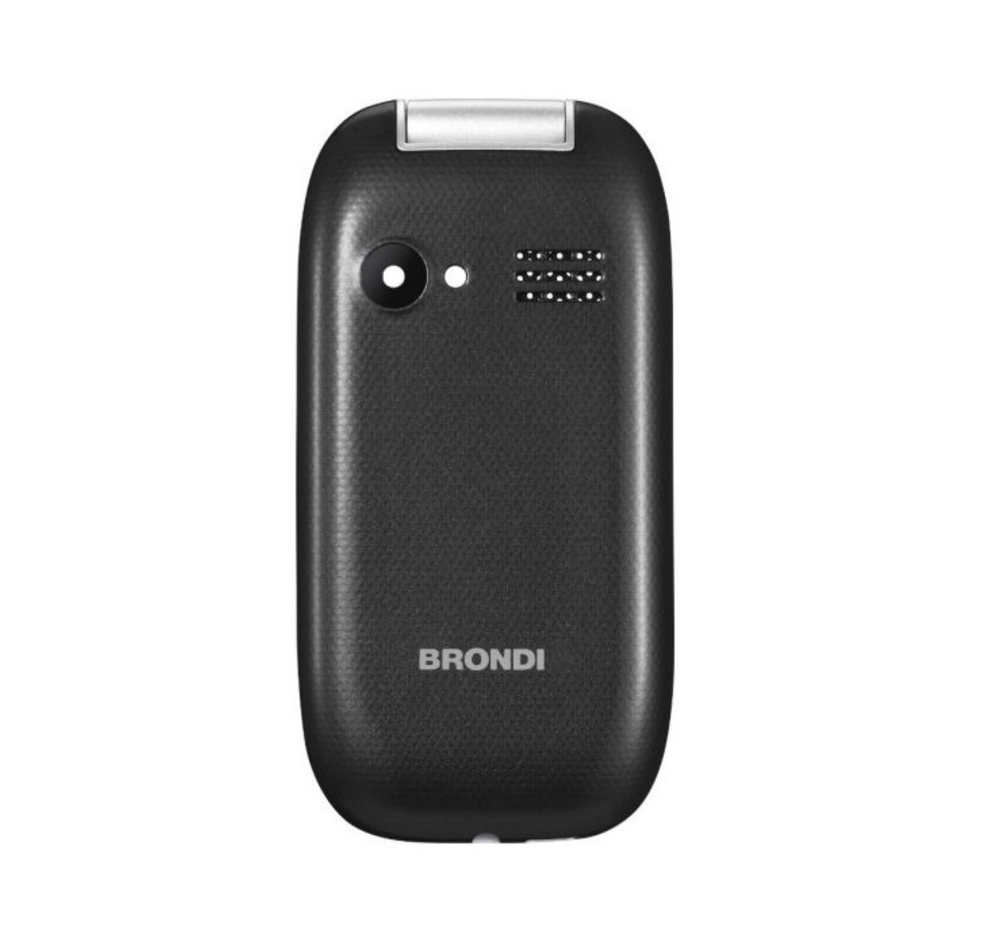 Il retro di un telefono a conchiglia nero con il marchio 'Brondi'. Fotocamera e altoparlante visibili.
