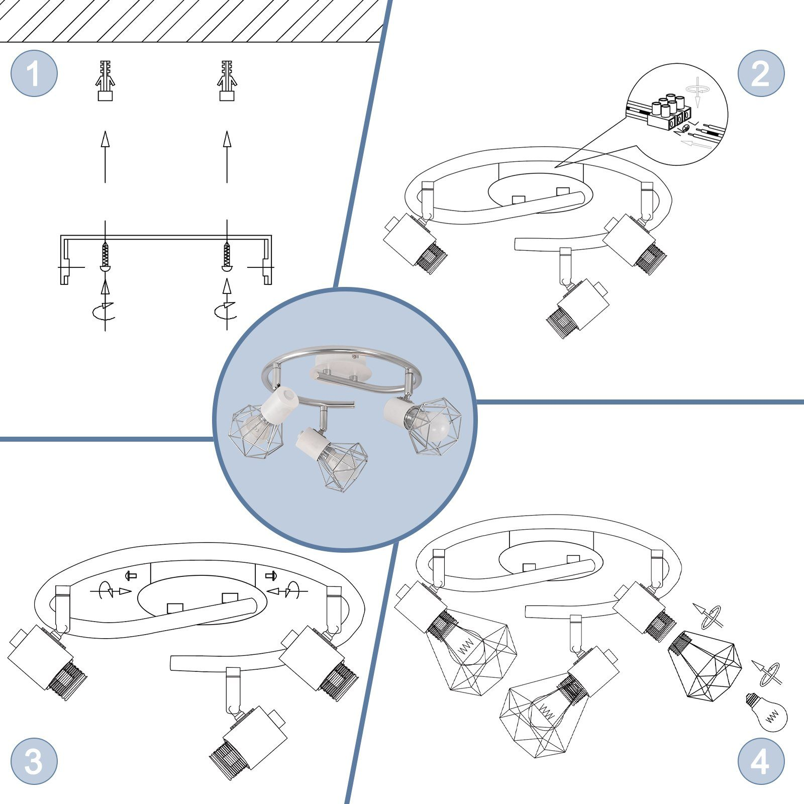 Diagrama que muestra los pasos para instalar una lámpara de techo. Incluye diagramas e imágenes.
