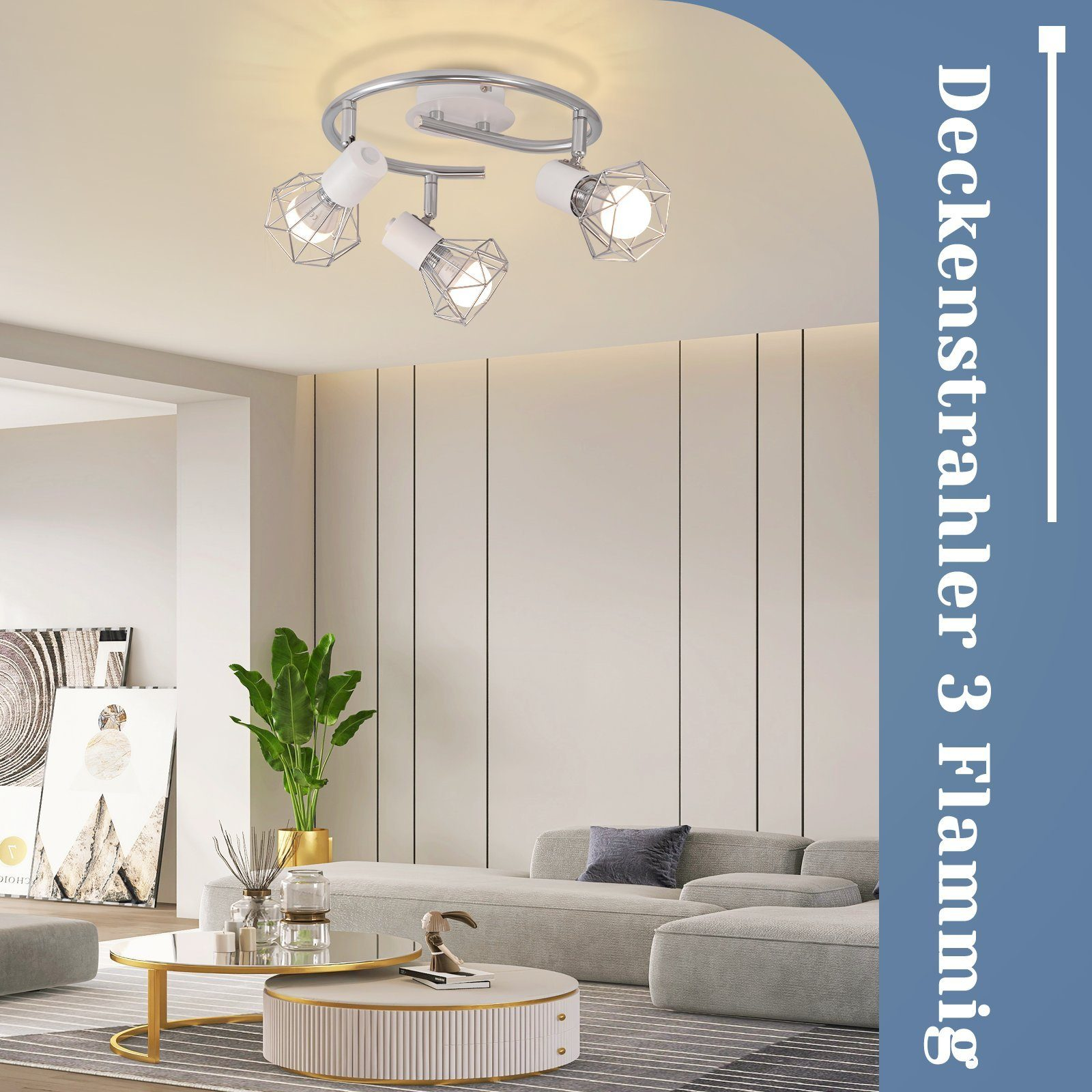 Lámpara de techo con tres luces, diseño moderno en una sala de estar.