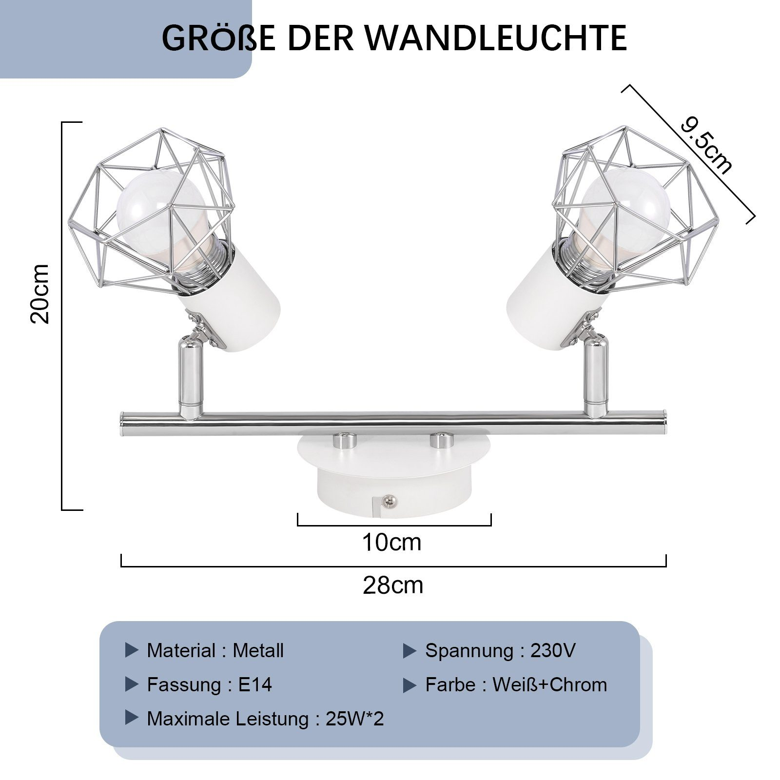 Dos luces de pared con jaulas metálicas. Las dimensiones y especificaciones están en la imagen.