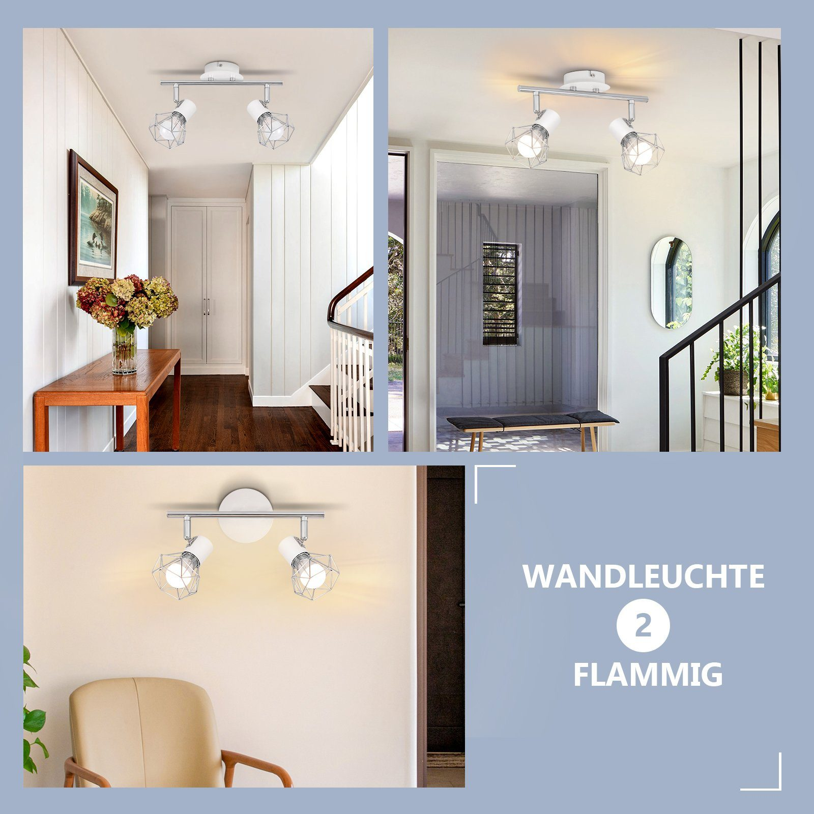 Tres fotos de una lámpara de pared de dos luces en varios entornos. La lámpara tiene un diseño de jaula.