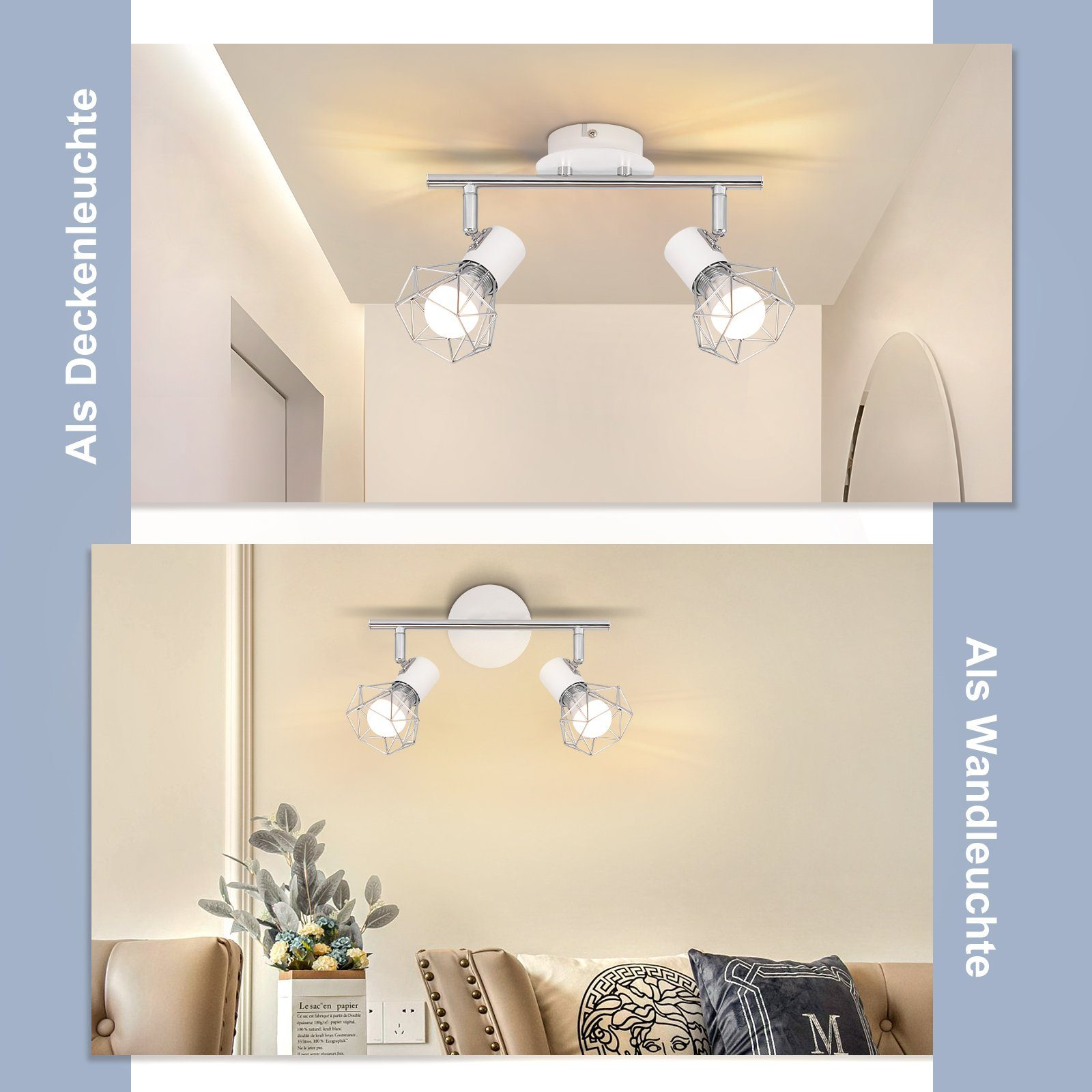 Dos juegos de luces de techo y luces de pared. Las luces de techo son blancas con diseño de jaula.