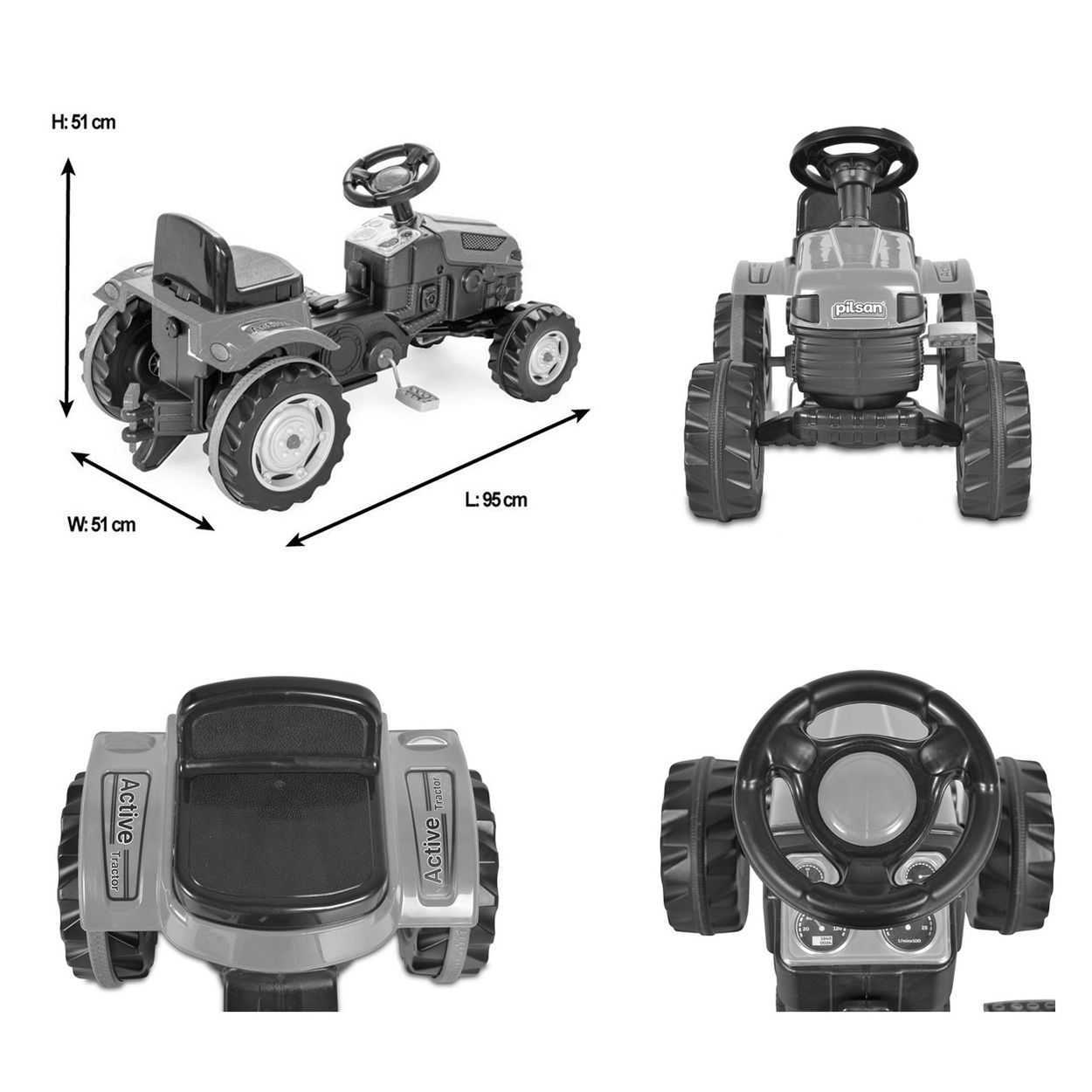 Ein Spielzeugtraktor in mehreren Ansichten mit Maßen. Grau und rot mit schwarzen Reifen.