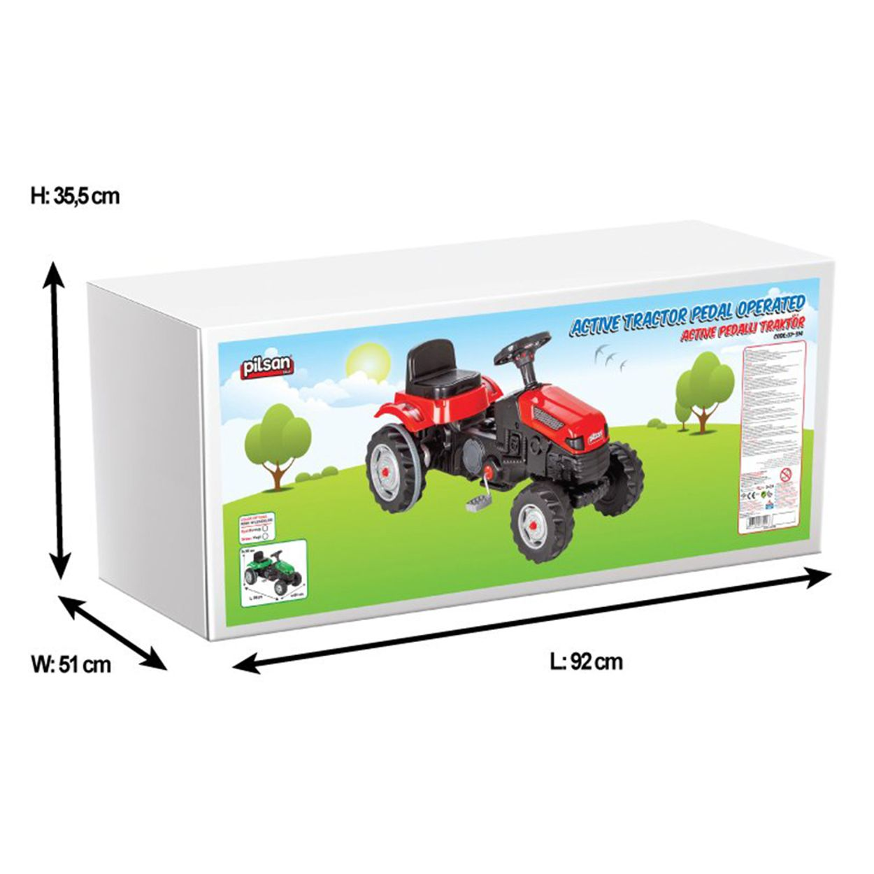 Karton mit rotem Spielzeugtraktor. Text: 'ACTIVE TRACTOR PEDAL OPERATED'. Abmessungen sind beschriftet.