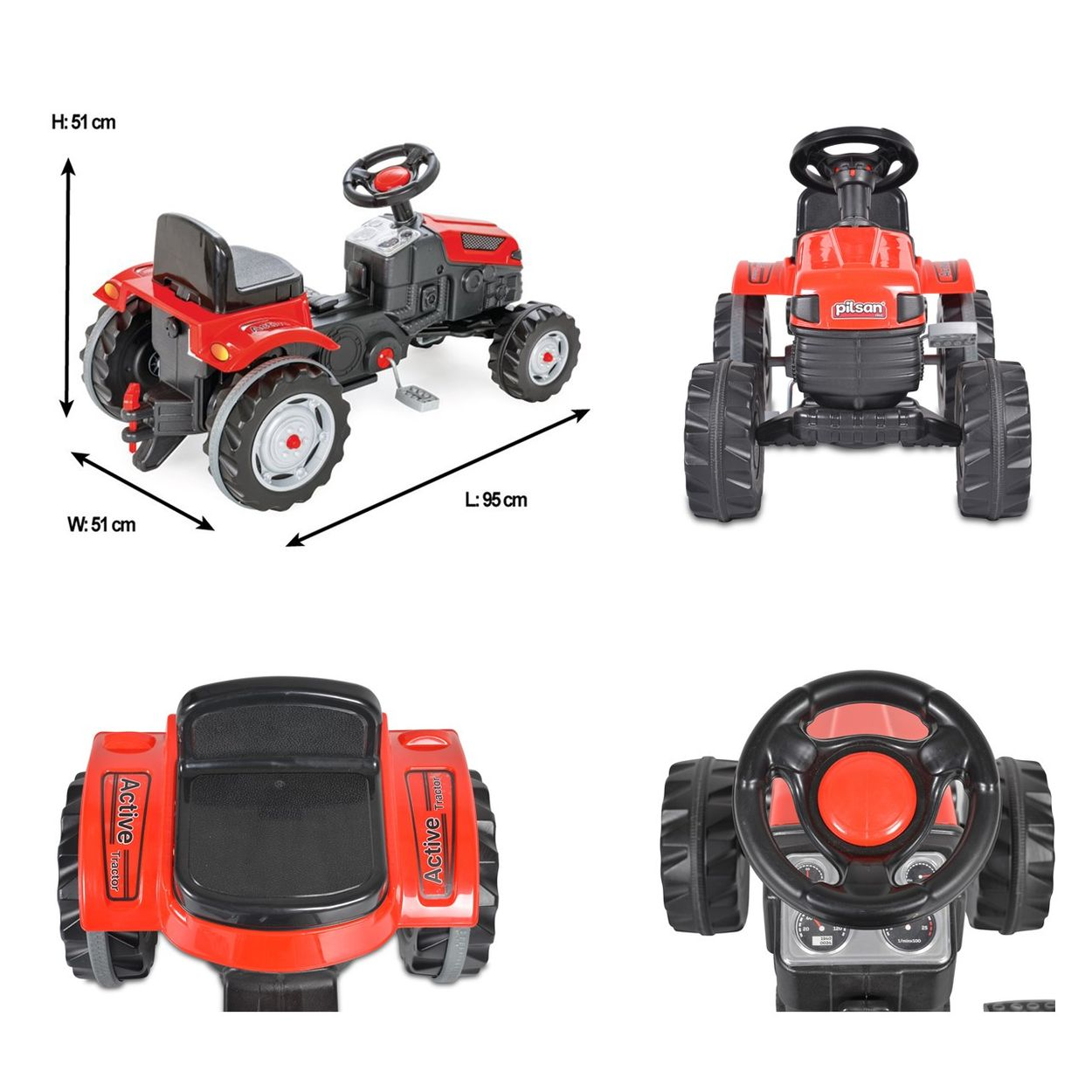 Roter Spielzeugtraktor mit Abmessungen, Vorder-, Seiten-, Ober- und Rückansicht gezeigt.