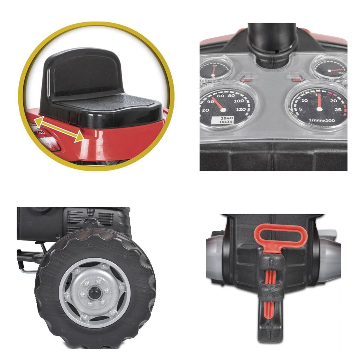 Nahaufnahmen eines Spielzeugtraktors, die Sitz, Anzeigen, Rad und Hebel zeigen.
