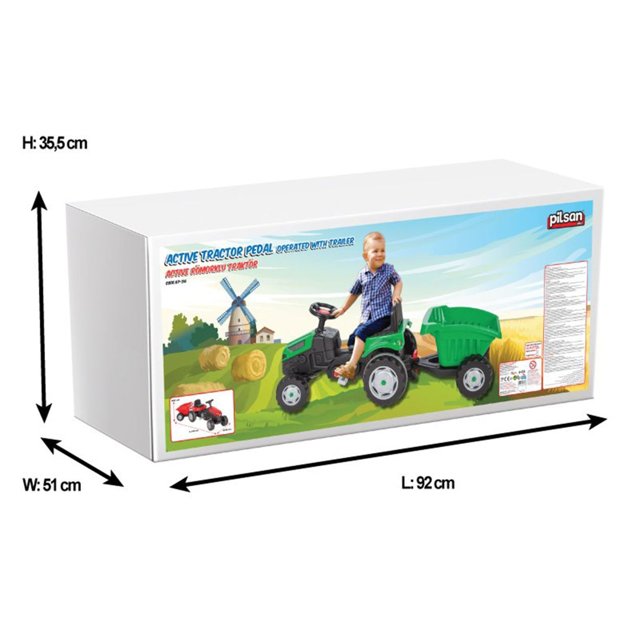 Ein Spielzeugtraktor und Anhänger in einer Box, mit Abmessungen und einer Kinderillustration.