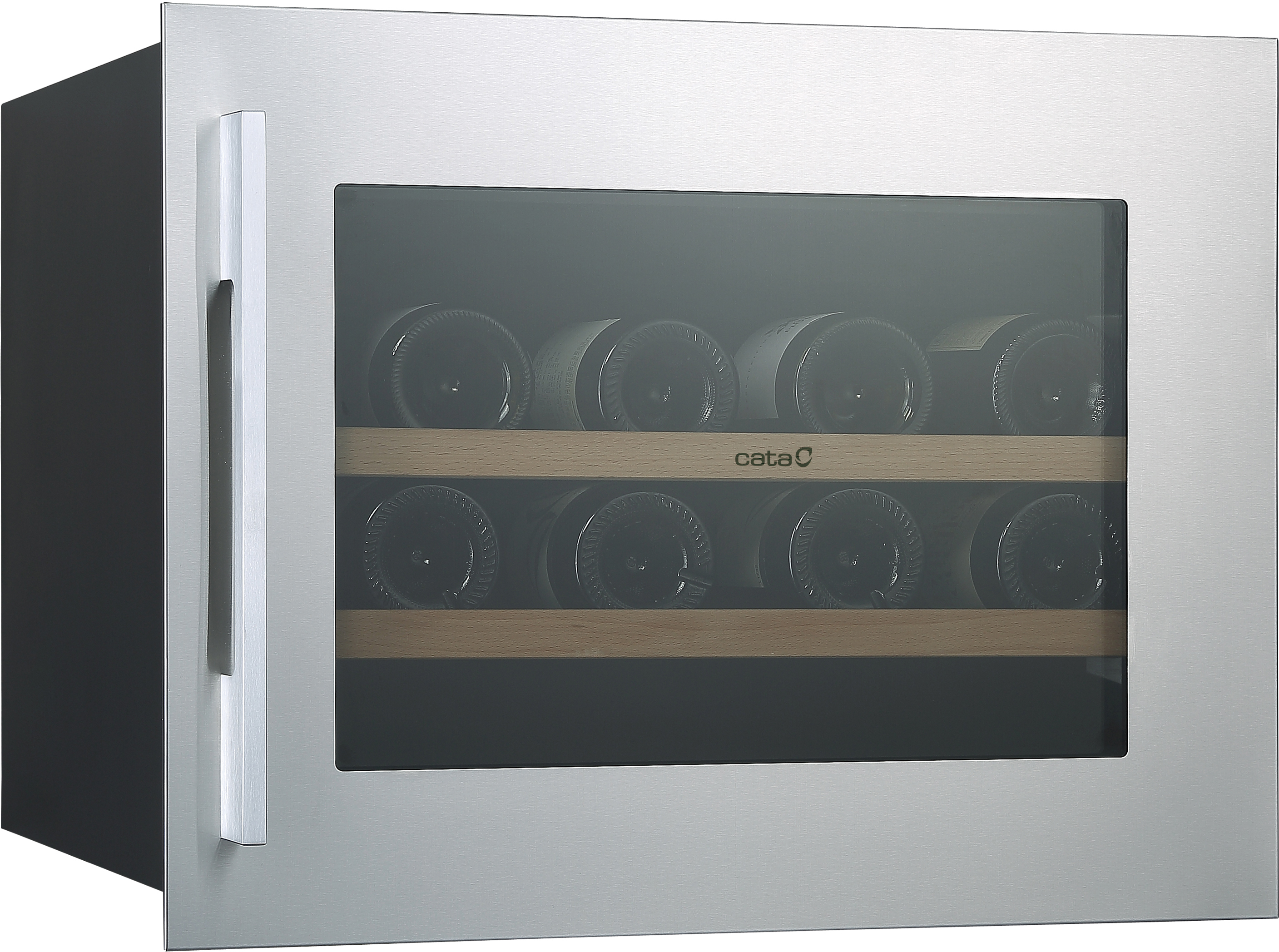 Una vinoteca de acero inoxidable con puerta de cristal que muestra botellas de vino en estantes de madera.