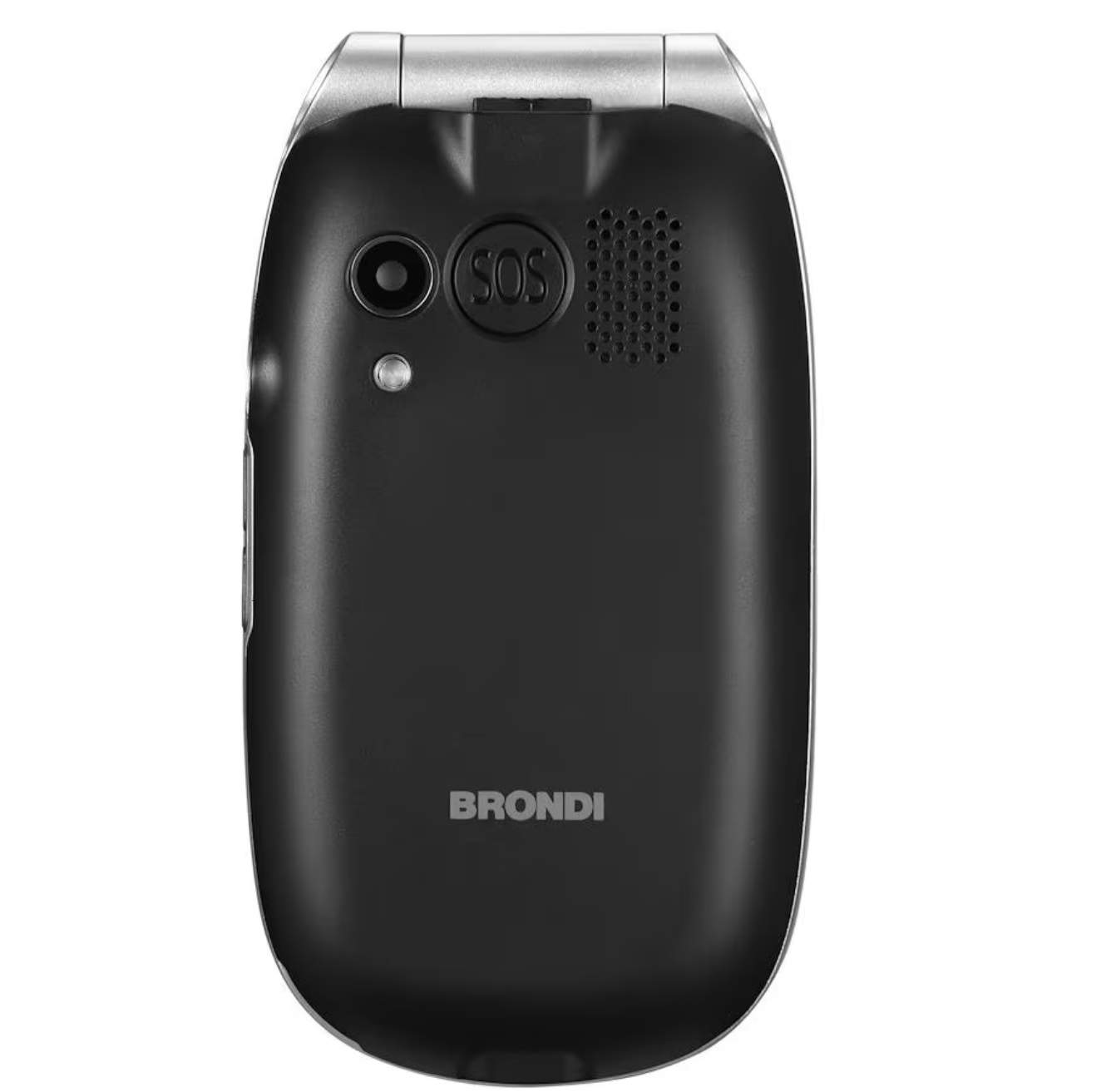 Parte trasera de un teléfono plegable negro. Arriba cámara y botón SOS. Marca Brondi.