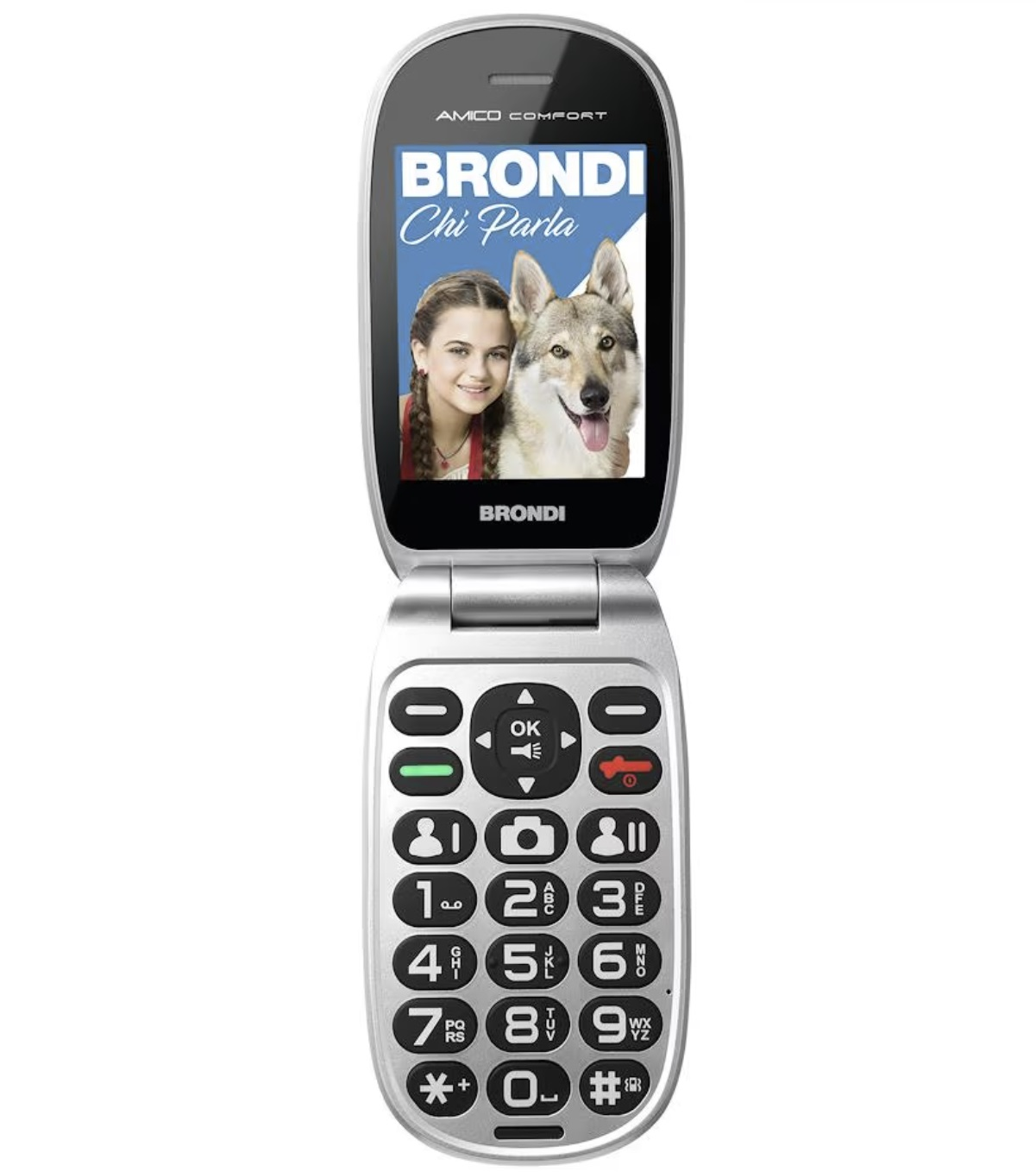 Teléfono Brondi plateado plegable, abierto. Muestra una niña y un perro en pantalla.
