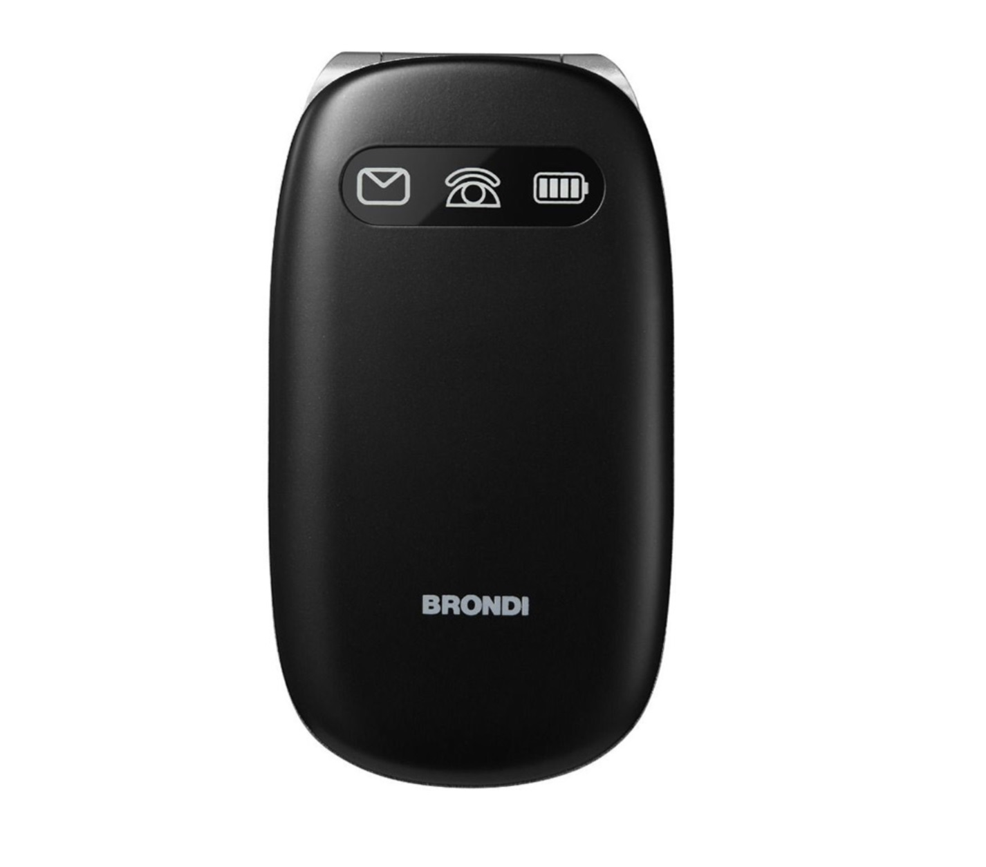 Teléfono plegable negro cerrado con iconos de correo, teléfono y batería.