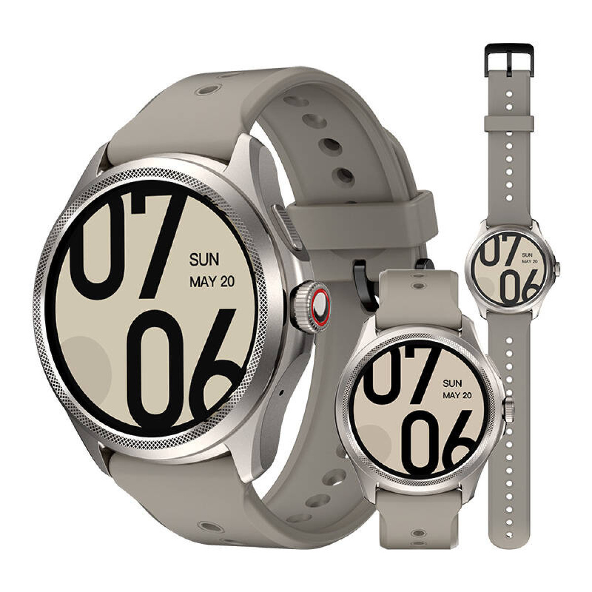Drei Smartwatches. Die mittlere zeigt 07:06 und das Datum. Graue Armbänder.