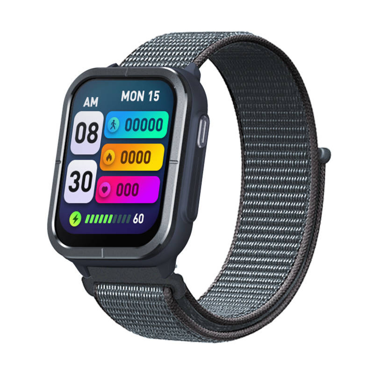 Eine Smartwatch mit grauem Armband. Die Uhr zeigt Informationen über Schritte, Kalorien und Zeit an.