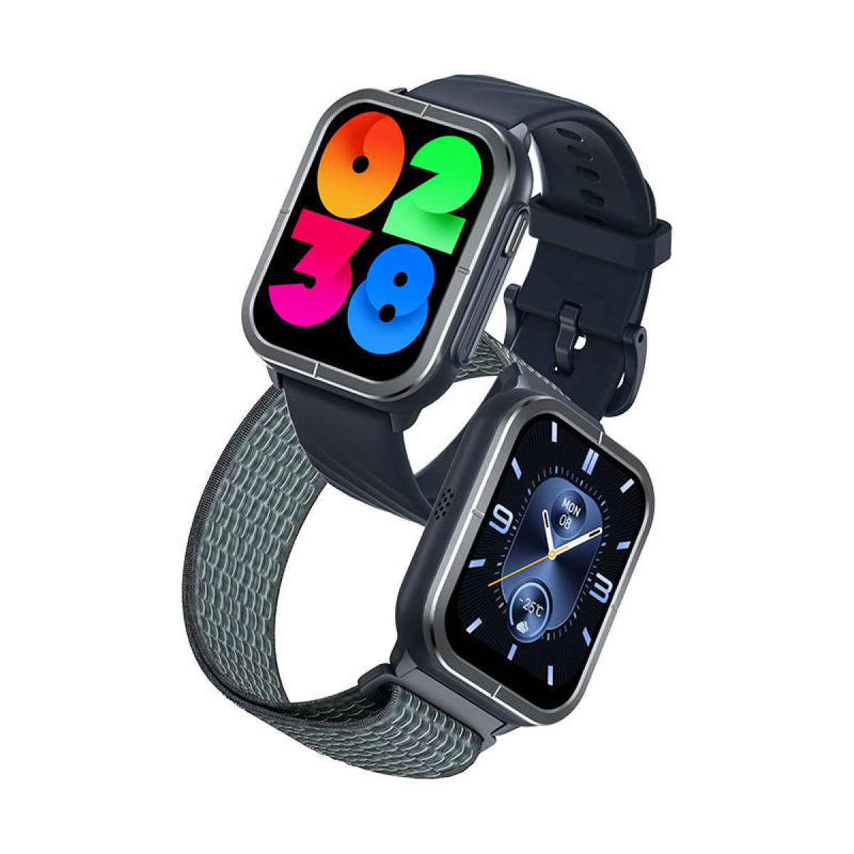 Zwei Smartwatches, eine mit farbenfrohem Display und eine mit Zifferblatt.